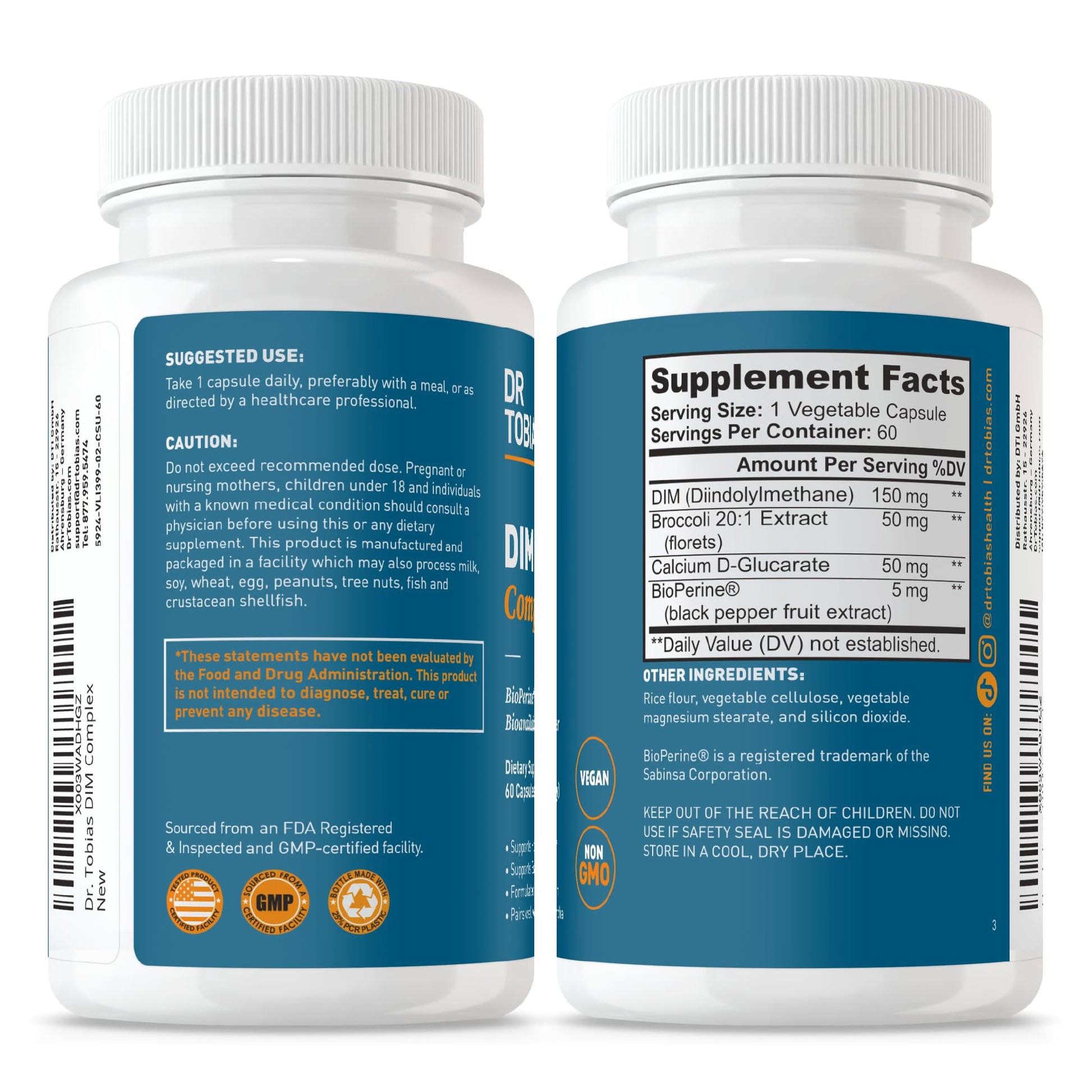 Dr. Tobias DIM Complex, Hormone Balance for Women & Men, DIM Supplement with BioPerine, Broccoli Extract & Calcium D-Glucarate Estrogen Detox Balance Complex, Non-GMO, Vegan, 60 Capsules Dr. Tobias uk supplements