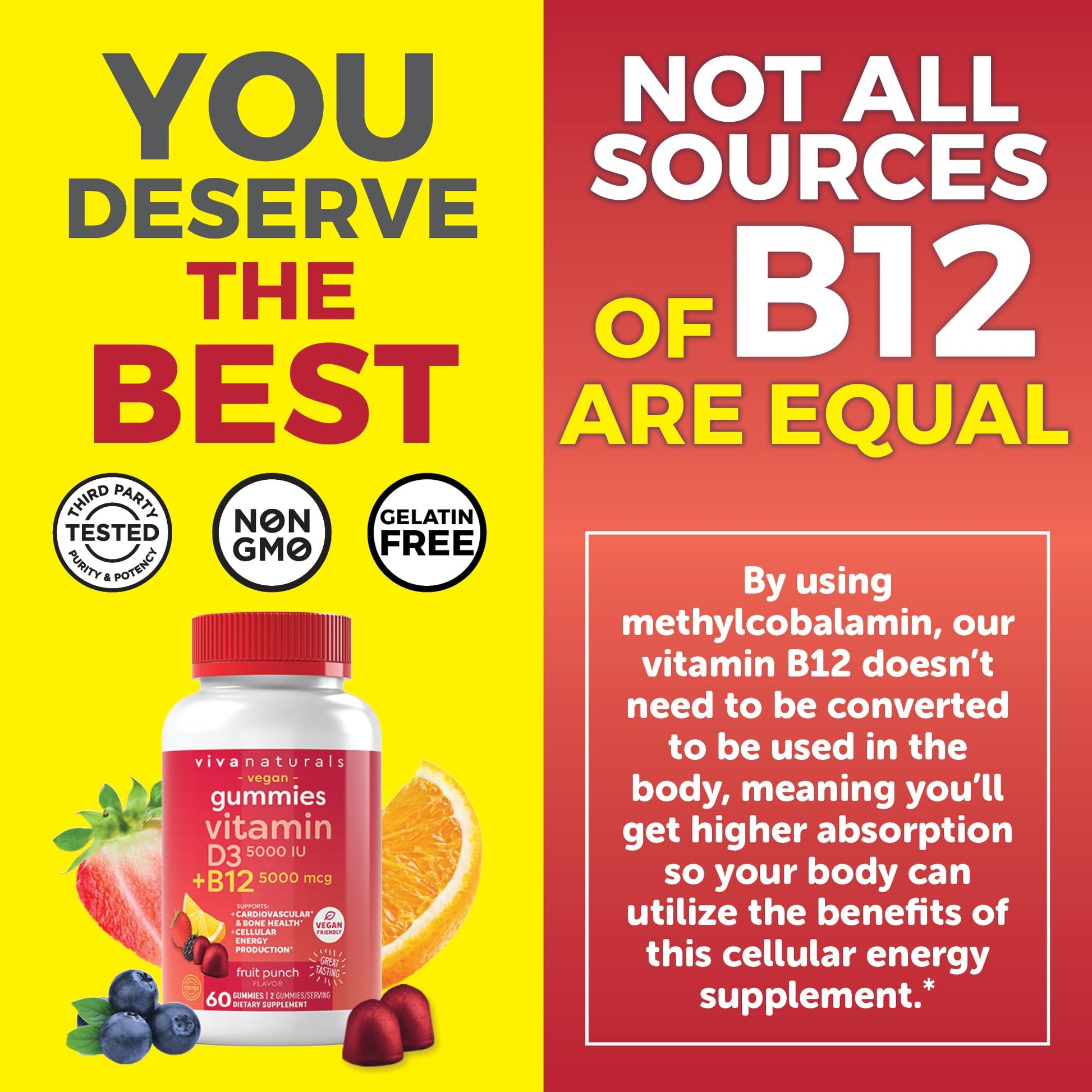 Viva Naturals Plant-Based B12 Gummies with Vitamin D3 - Chewable 5000mcg B12 Viva Naturals uk supplements