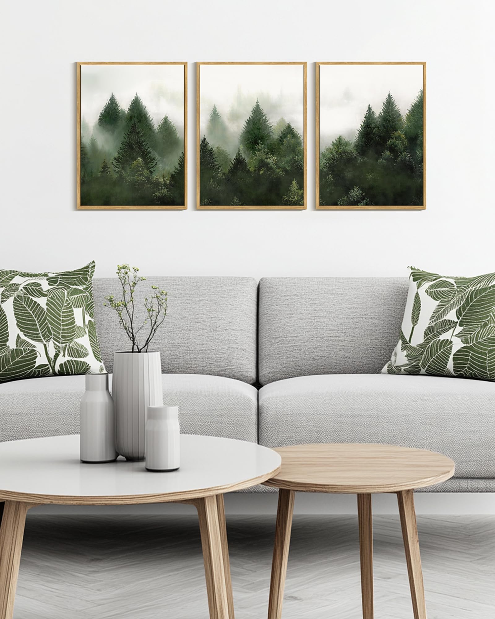KUVIOKE Morden Green Fog Pine Tree Framed Canvas Wall Art Nature Nordic Forests Artwork Painting Bedroom Decor 12x16in (Natural Framed) KUVIOKE uk supplements