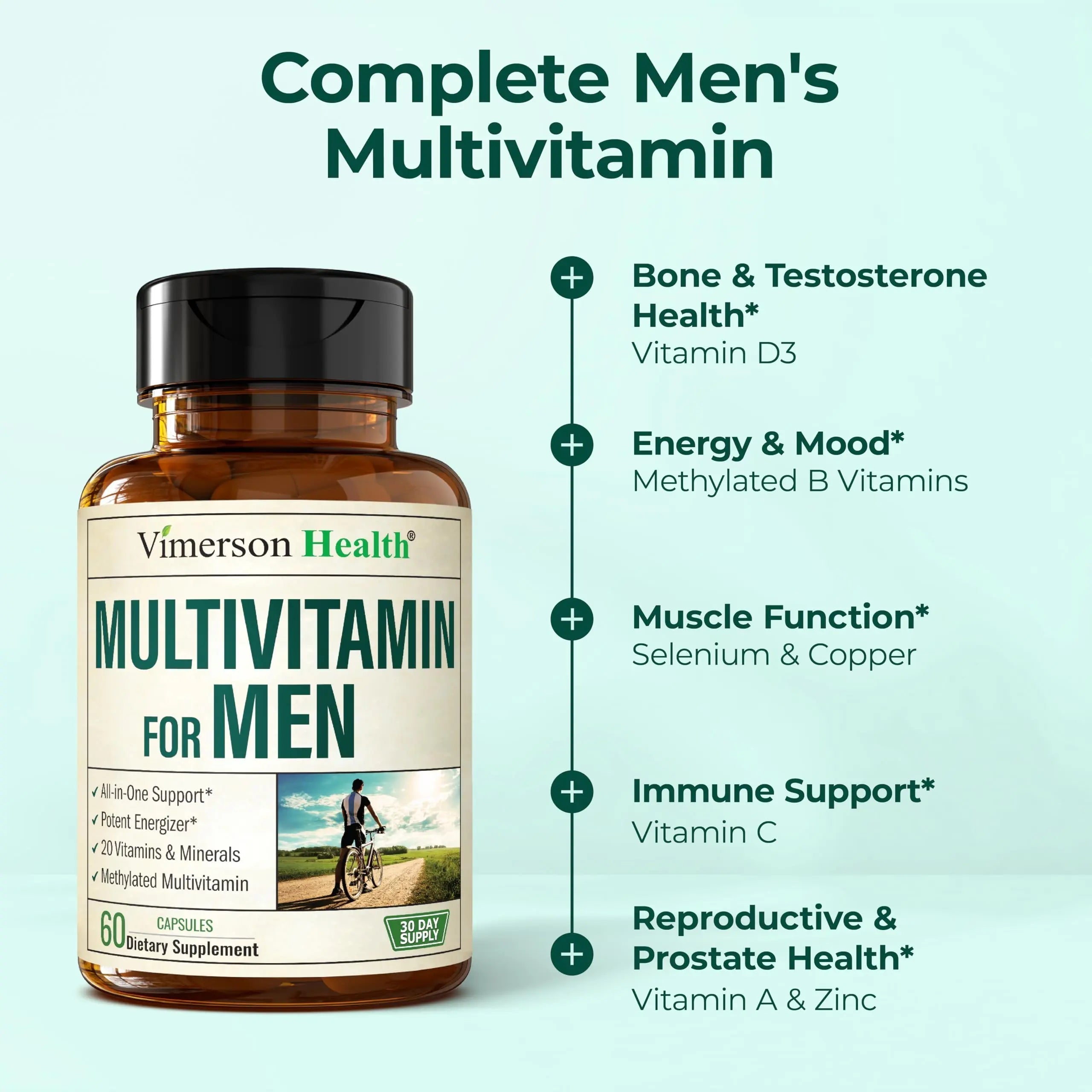 Methylated Multivitamin for Men with Bioavailable Vitamins, Chelated Minerals, Vitamin D, B12, C, A & Zinc for Energy, Focus and Immune Health Vimerson Health uk supplements