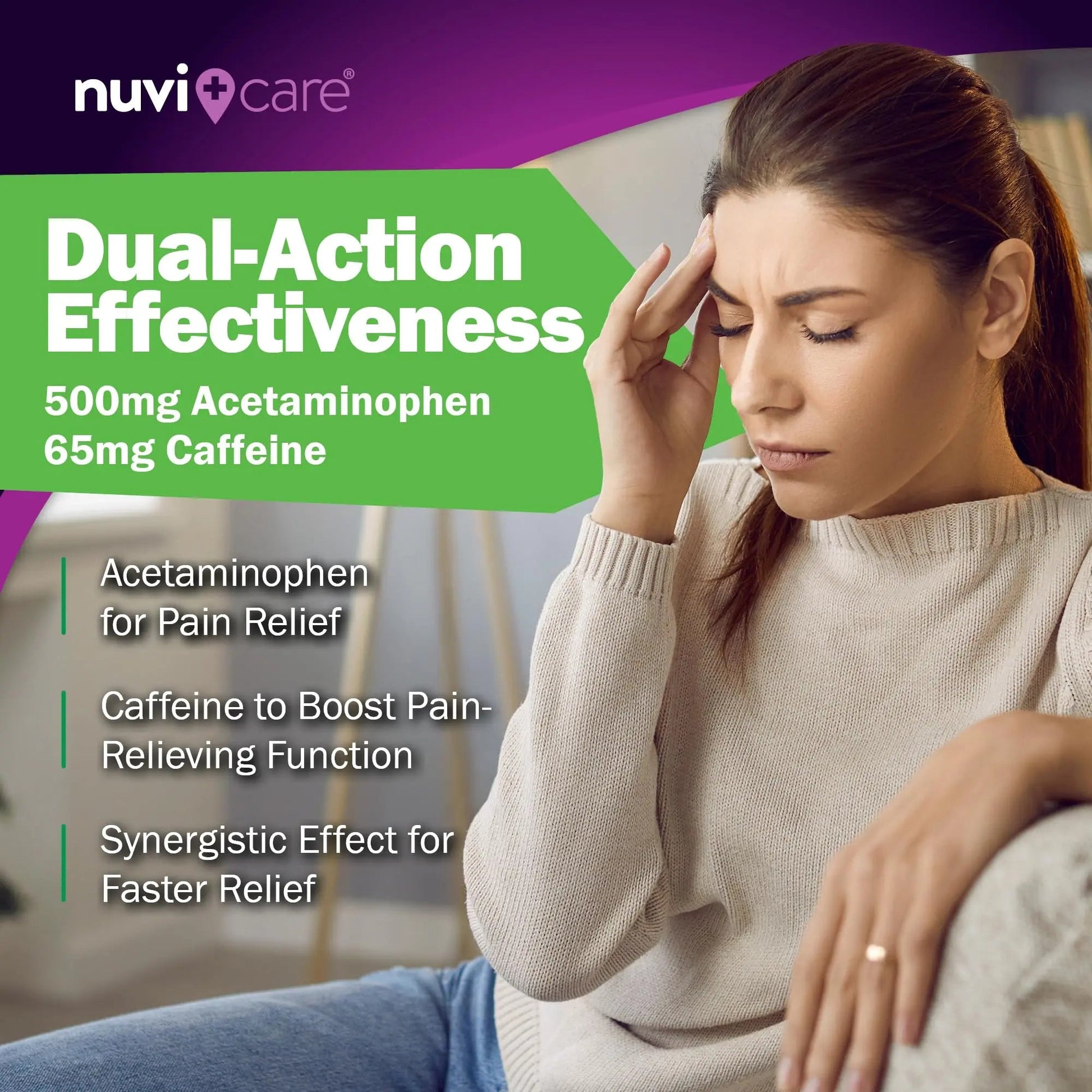 Nuvicare Tension Headache Relief Pills with 500mg Acetaminophen and 65mg Caffeine - Non Aspirin Pain Reliever Aid - Compare to Active Ingredient in Aspirin Free Excedrin Tension Headache (100 Caplets) NUVICARE uk supplements