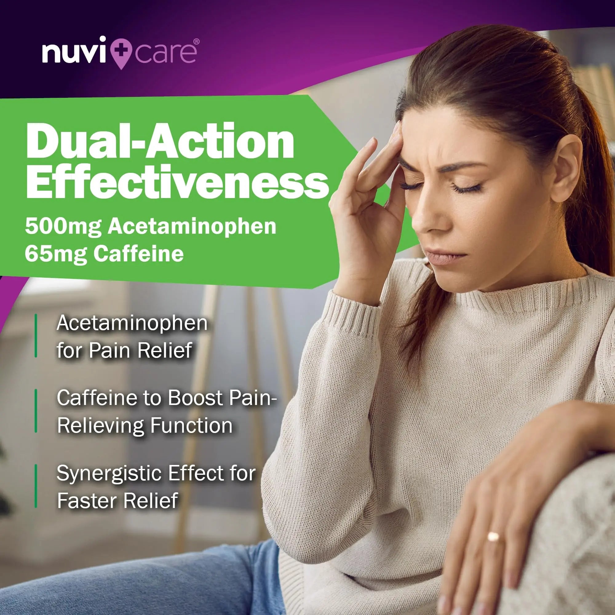 Nuvicare Tension Headache Relief Pills with 500mg Acetaminophen and 65mg Caffeine - Non Aspirin Pain Reliever Aid - Compare to Active Ingredient in Aspirin Free Excedrin Tension Headache (100 Caplets) NUVICARE uk supplements