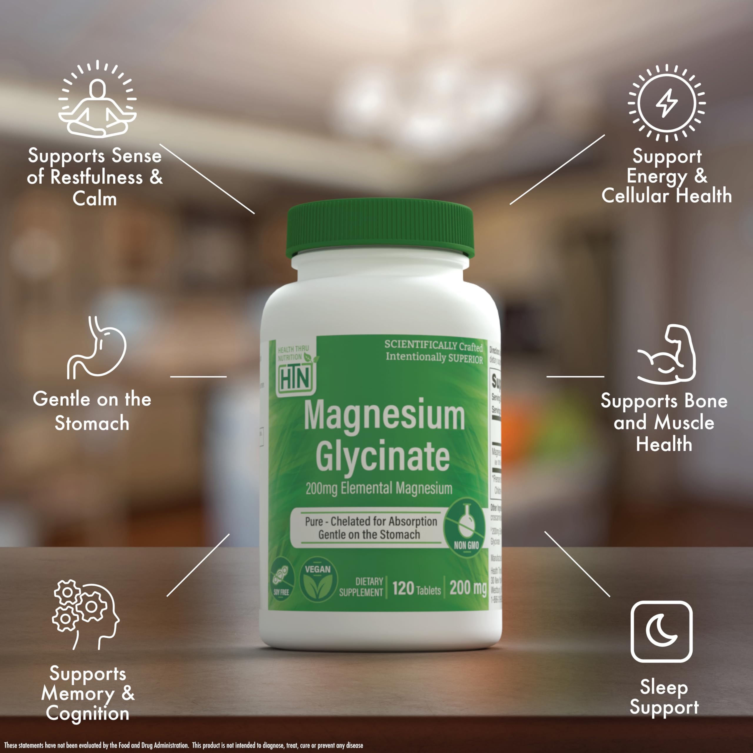 Magnesium Glycinate - Muscle, Nerves, Relaxation & Sleep Supplement | 200mg Elemental Magnesium Fully Reacted Chelated | Gentle on the Stomach | Non-GMO 120 Tablets | by Health Thru Nutrition Health Thru Nutrition uk supplements