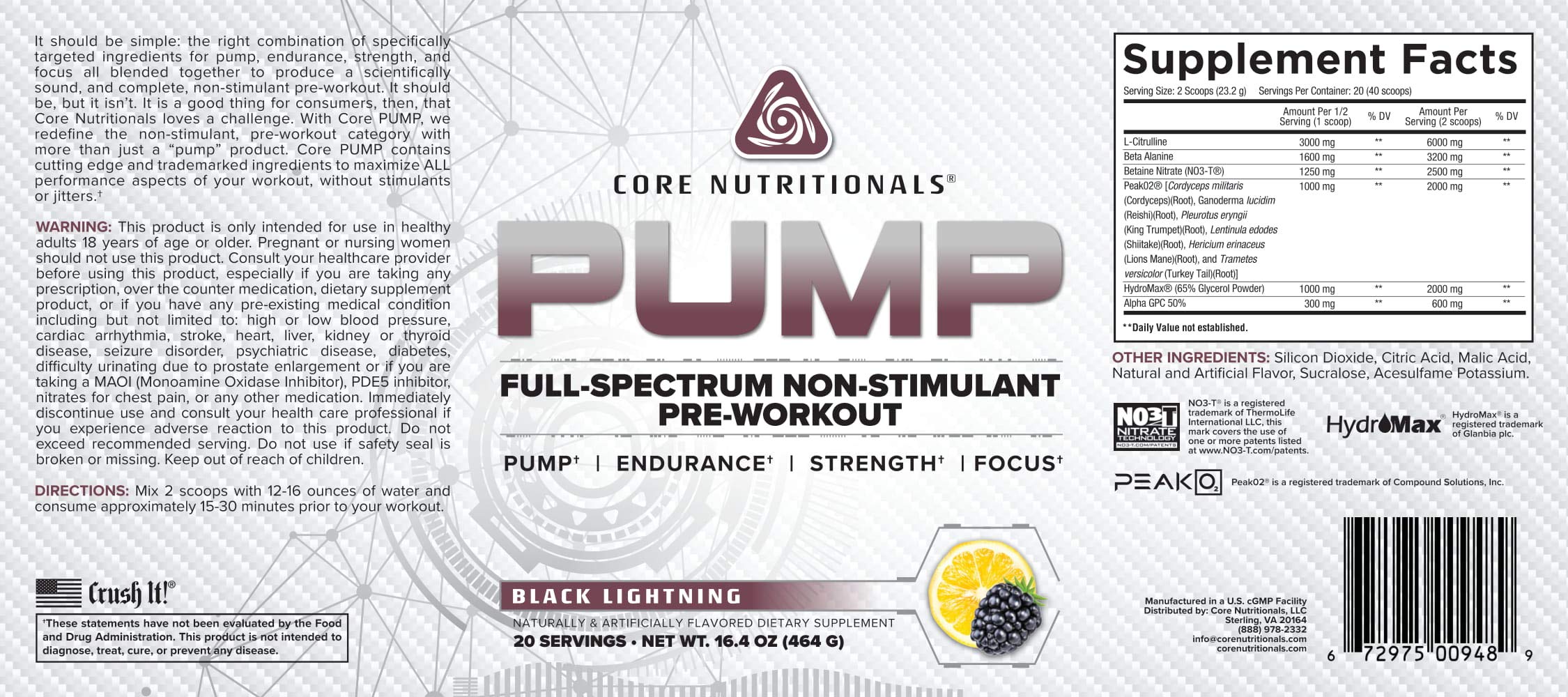 Core Nutritionals Pump Full-Spectrum Non-Stimulant Pre-Workout, with N03T Nitrate Core Nutritionals uk supplements