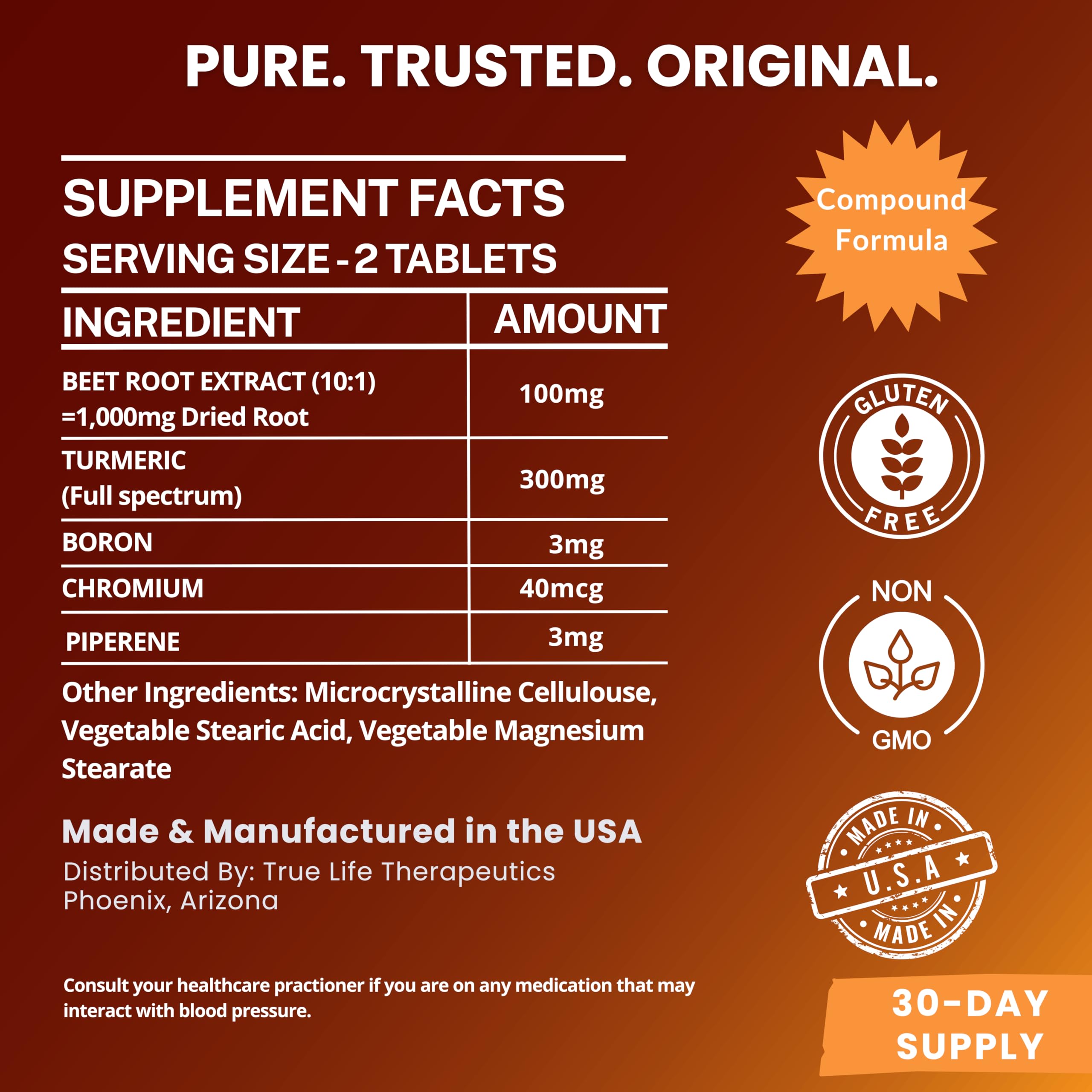 Body Support Tablets – Beet Root Extract, Turmeric Boron & Chromium – Supports Inflammation, Circulation, Hormonal Balance & Metabolic Function – 60ct - 30 Servings True Life Therapeutics uk supplements