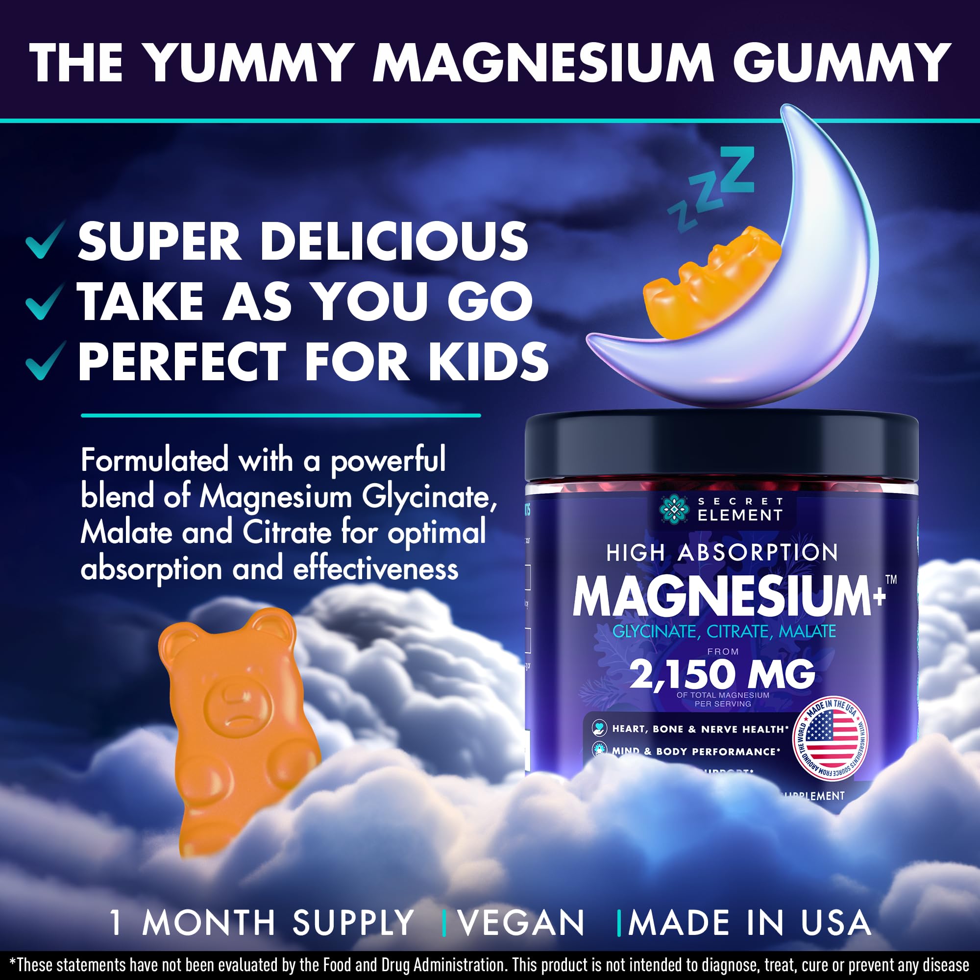 Magnesium Glycinate 2150MG Gummies for Women and Men, High Absorption Magnesium Glycinate, Citrate, Malate Gummies for Adults & Kids, Sleep Support, Sugar Free, Vegan, 60 Chews, Orange Secret Element uk supplements