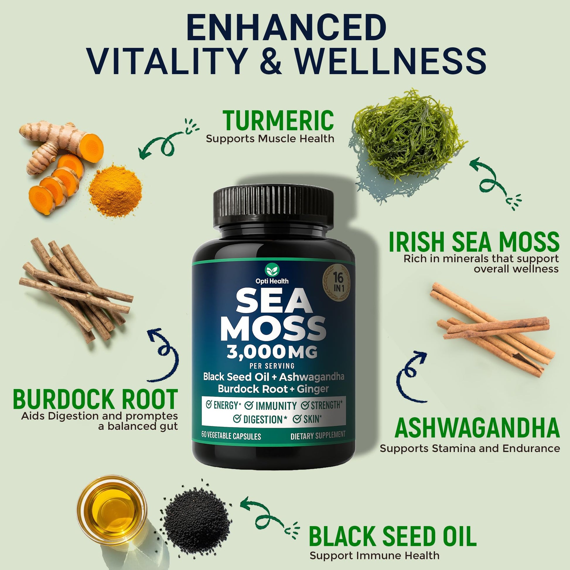 Sea Moss Black Seed Oil Ashwagandha Ginger - Advanced Irish Sea Moss Capsules All in One Supplement with Seamoss Black Seed Oil Ashwagandha Burdock Root Bladderwrack - Pills for Energy, Immune, Gut Opti Health uk supplements