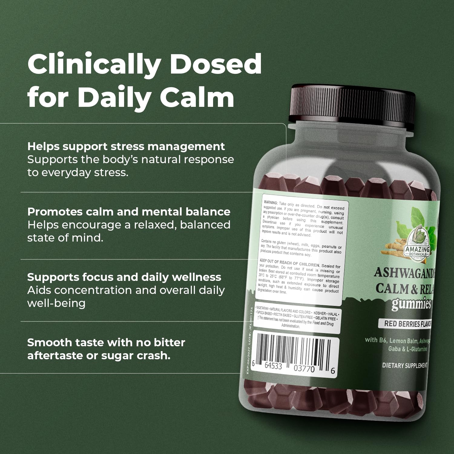 Ashwagandha Calm & Relax Gummies with Vitamin B6, Lemon Balm, GABA & L-Glutamine – 60 Gummies – Red Berries Flavor – Improve Sleep, Stress Relief & Mood – Vegan, Gluten-Free, Non-GMO Amazing Botanicals uk supplements