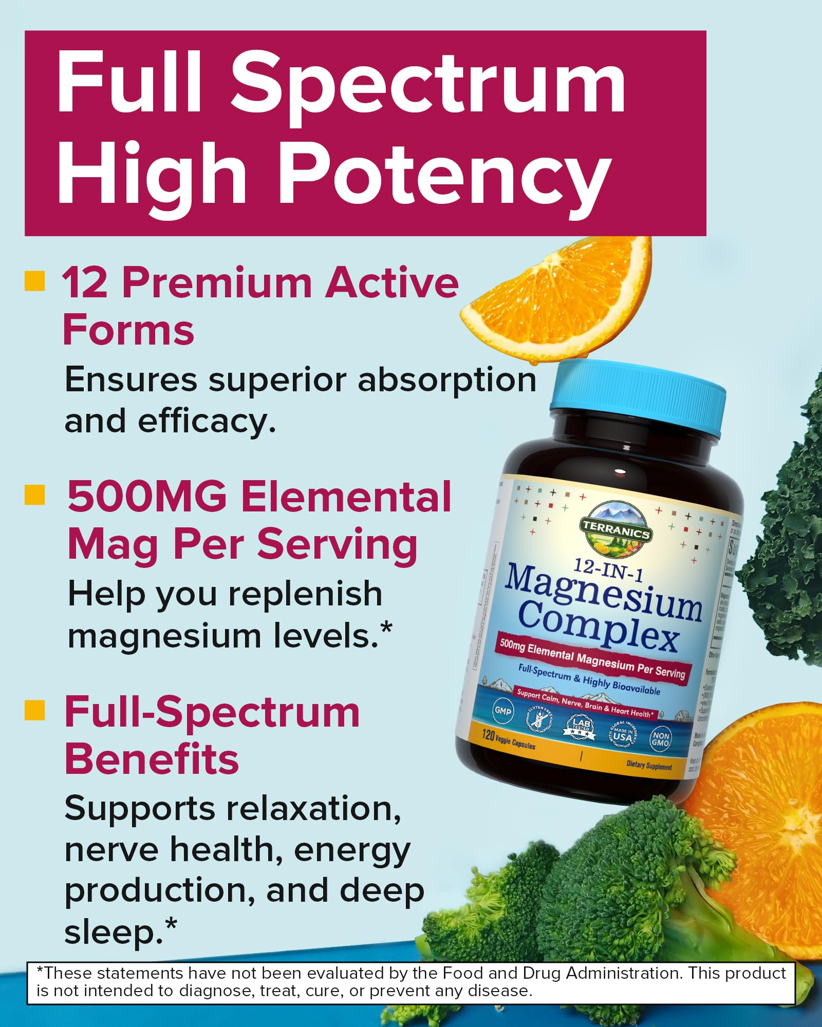 Terranics 12-in-1 Magnesium Complex 500mg, High Absorption Chelated Magnesium Glycinate, Citrate, Malate, Taurate, Orotate & More, for Sleep, Calm, Energy, Heart, Vegan, Non-GMO,120 Capsules Terranics uk supplements
