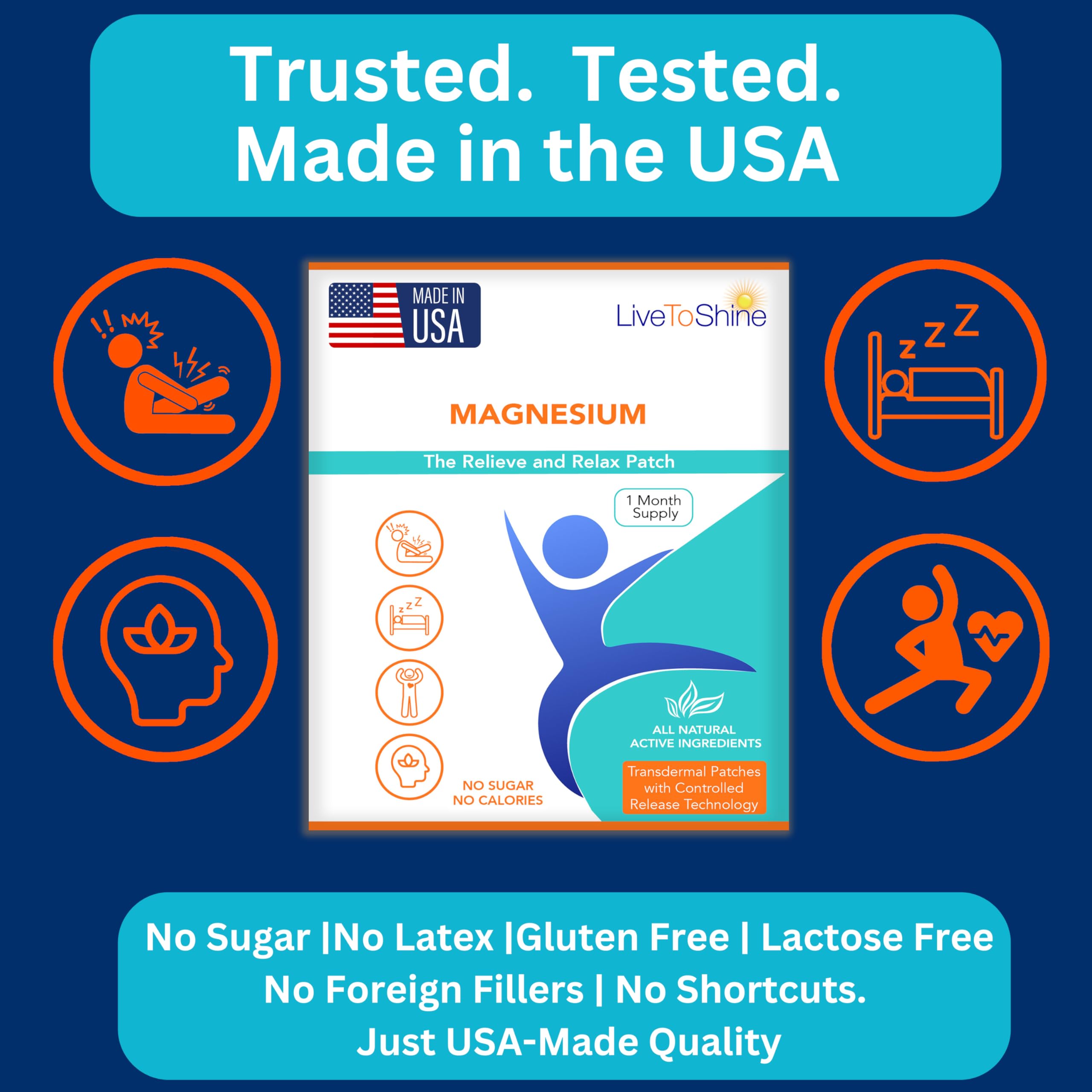 Magnesium Patches for Men and Women - Sleep Support & Relaxation, Muscle Recovery, Nerve Function - USA Made - 30 Premium Fast-Acting, Slow-Release Patches - Live To Shine Live To Shine uk supplements
