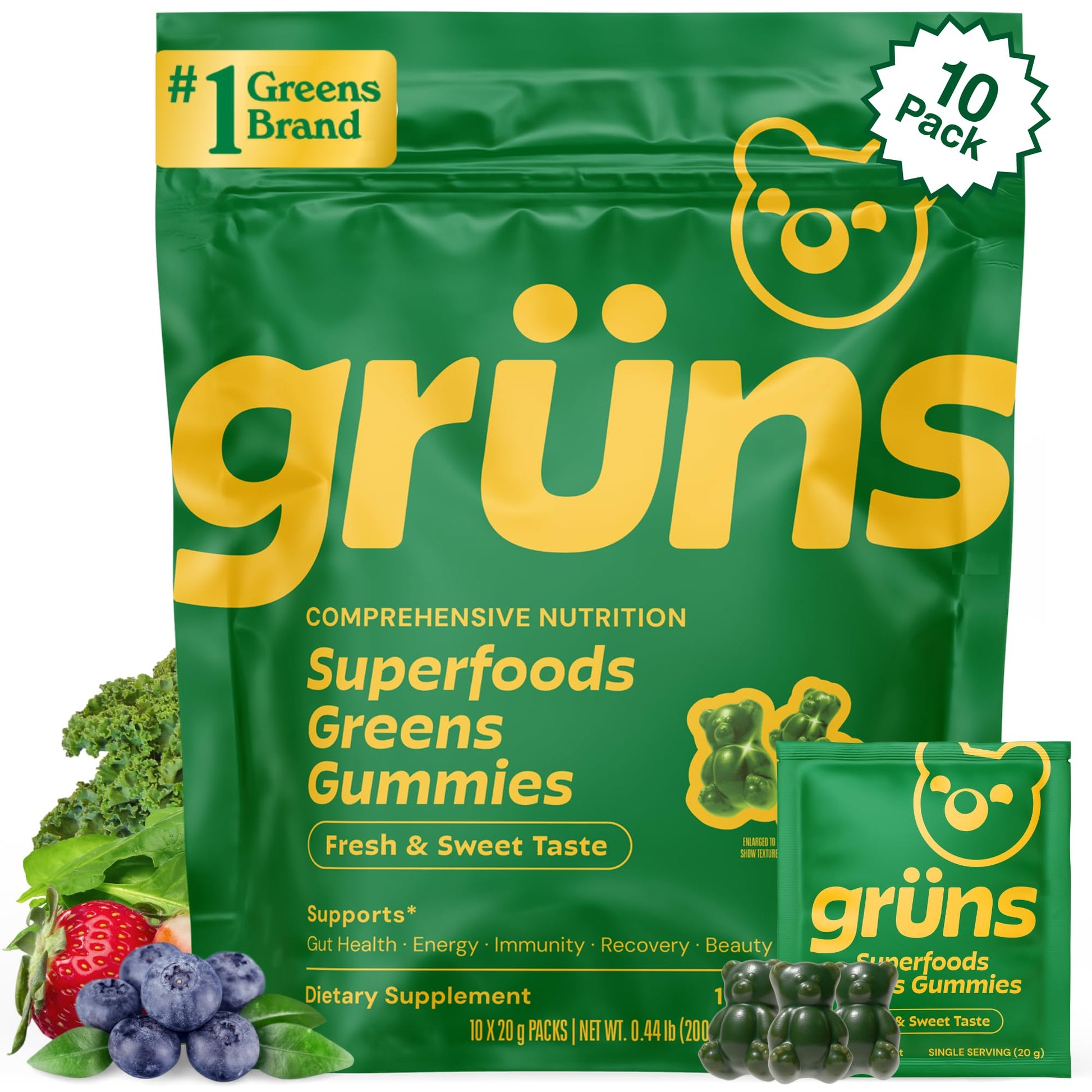 Gruns Adults Super Greens Gummies, Multivitamin Superfood Gummy Bears, Spirulina, Chlorella, Prebiotics & Fiber Gummies for Digestive Health, Adaptogens Supplement, 20 Vitamins & Minerals, 10 Count Grüns uk supplements