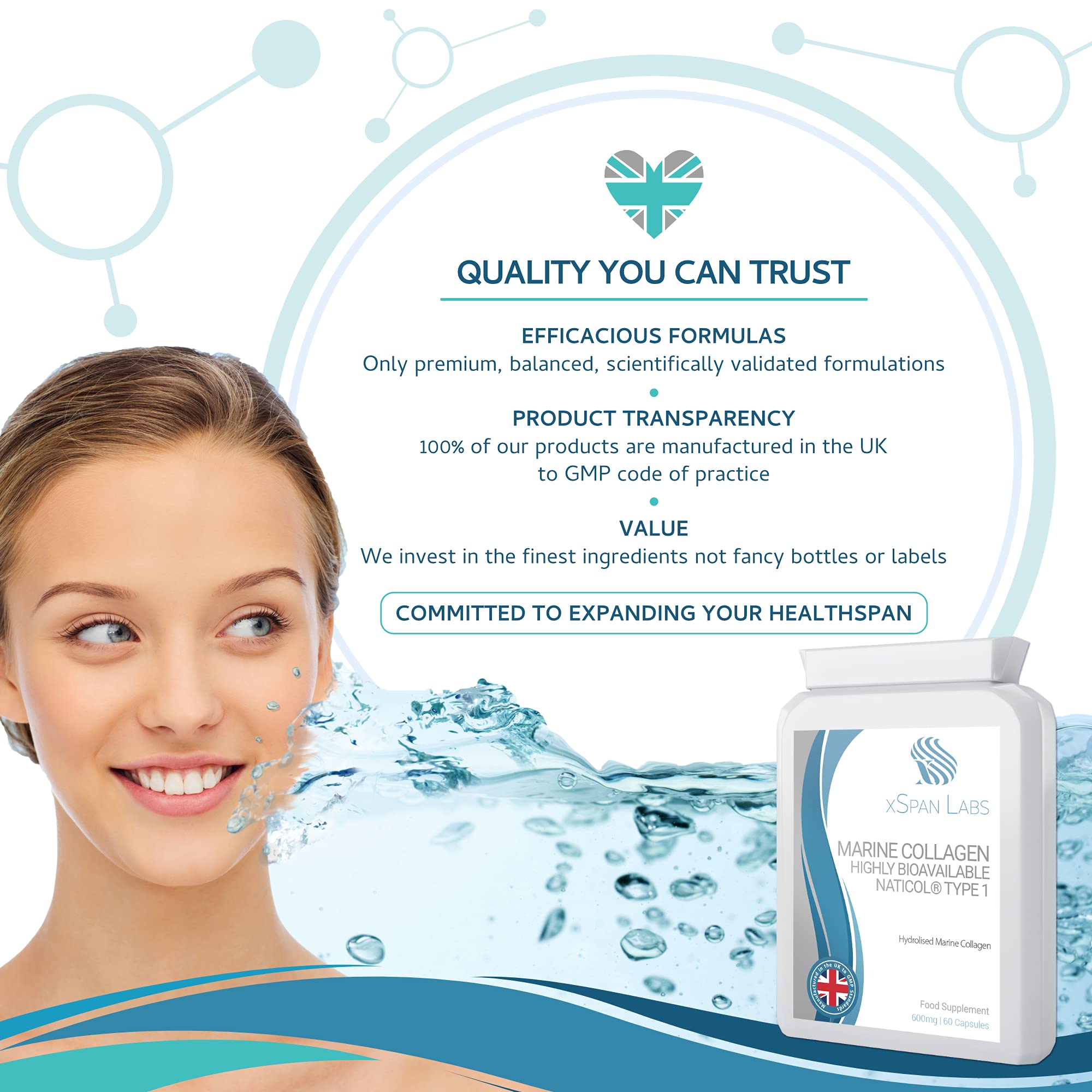 Marine Collagen 600mg 60 Capsules - Highly Bioavailable Naticol® Type 1 Xspan Labs uk supplements