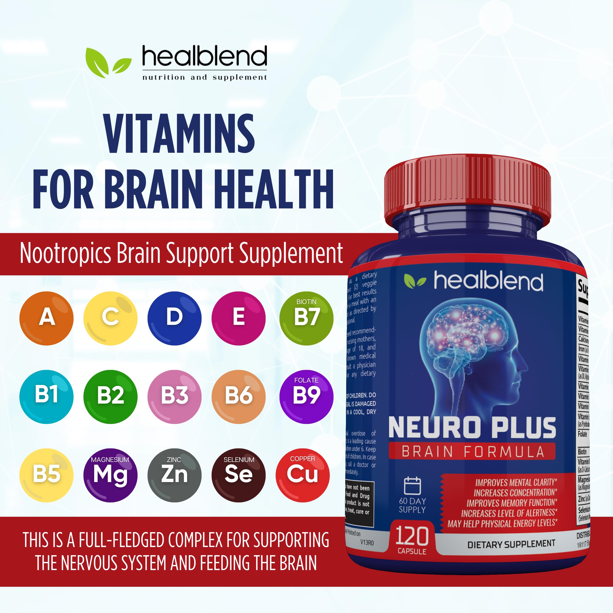 Neuro Plus Brain & Focus Formula - Nootropic Brain Booster Supplement, Supports Brain Health, Mental Clarity & Focus - Enhances Concentration & Mental Energy – 120 Capsules (1) healblend uk supplements