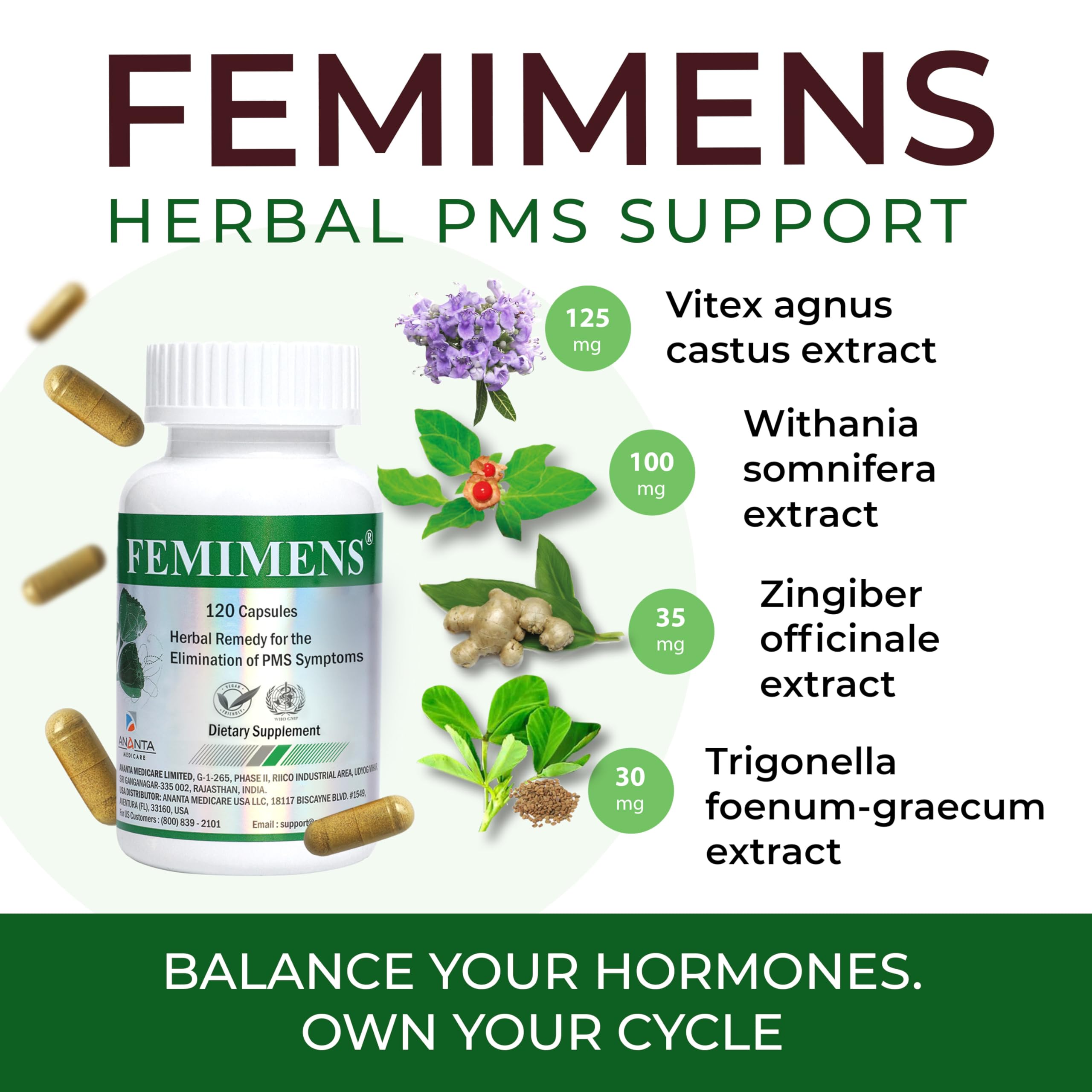 FEMIMENS – PMS Support Supplement for Women – PMS Relief for Women & Menstrual Cramp Relief – Hormonal Balance for Women – Chasteberry Vitex, Ashwagandha, Ginger, Fenugreek – 120 Vegan Capsules Ananta Medicare USA uk supplements