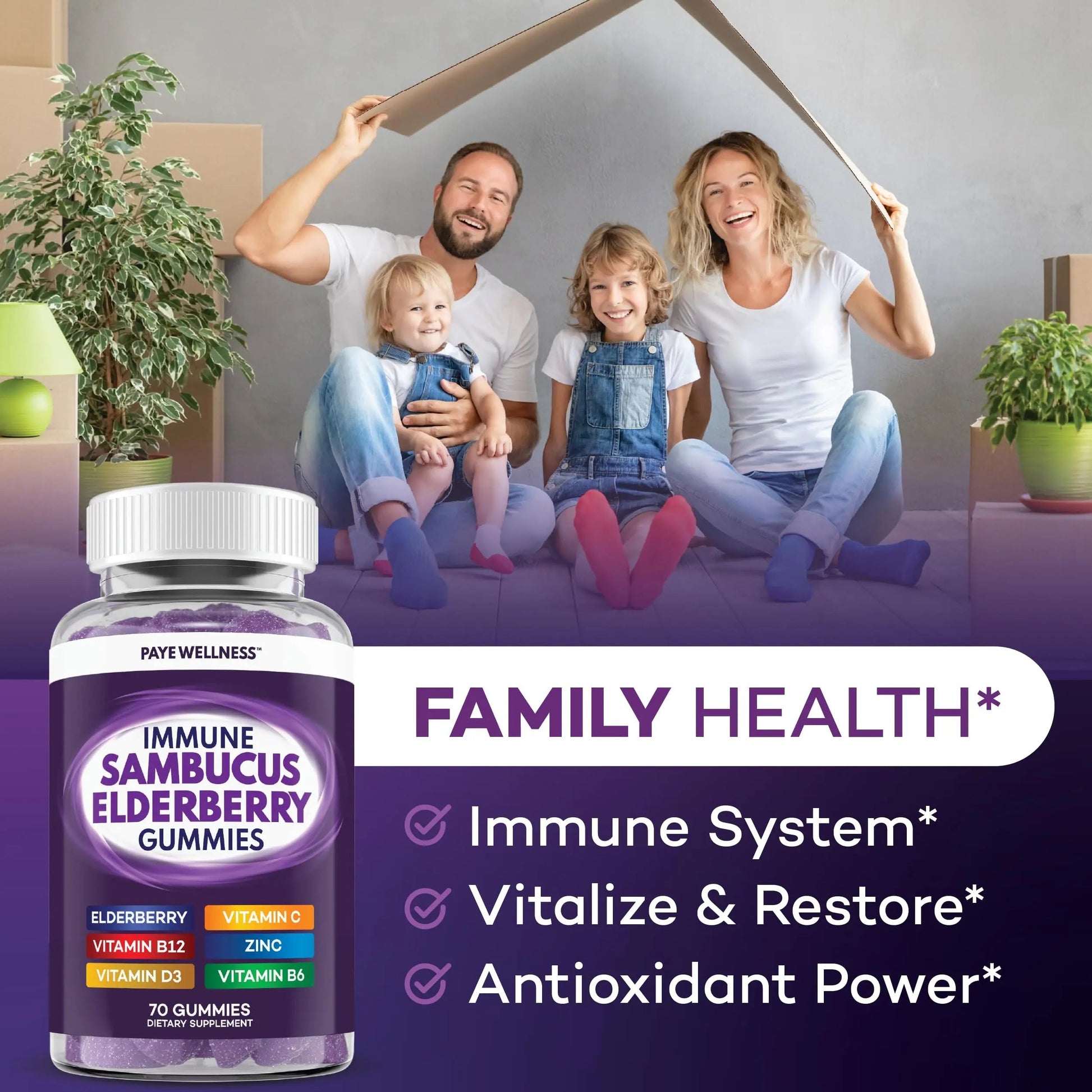 Elderberry Gummies Immune Support, Daily Support for Kids and Adults*, with Sambucus Elderberry, Zinc, Vitamin C, D3, B6, B12, Plus PAYÉ uk supplements