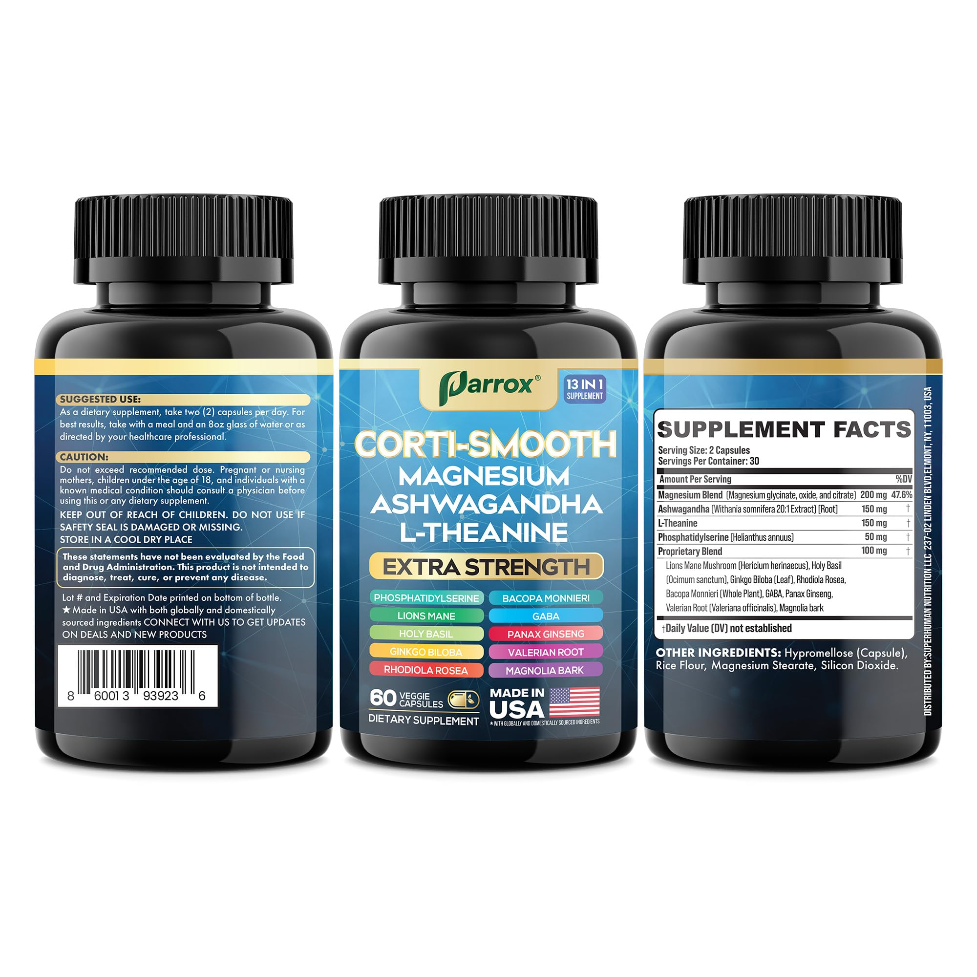 Parrox Corti-Smooth Cortisol Supplement Magnesium, L-Theanine, Ashwagandha, Phosphatidylserine, Valerian Root, Lions Mane, Bacopa Monnieri, Ginkgo Biloba, Panax Ginseng, Magnolia Bark, GABA (60 Caps) Parrox uk supplements