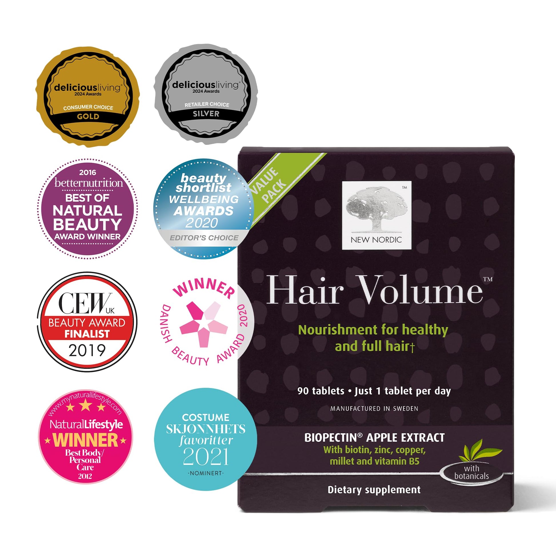 NEW NORDIC Hair Volume Tablets, 3000 mcg Biotin & Biopectin Apple Extract, Hair Vitamins to Support Natural Hair Growth, 90 Count (Pack of 1) NEW NORDIC uk supplements