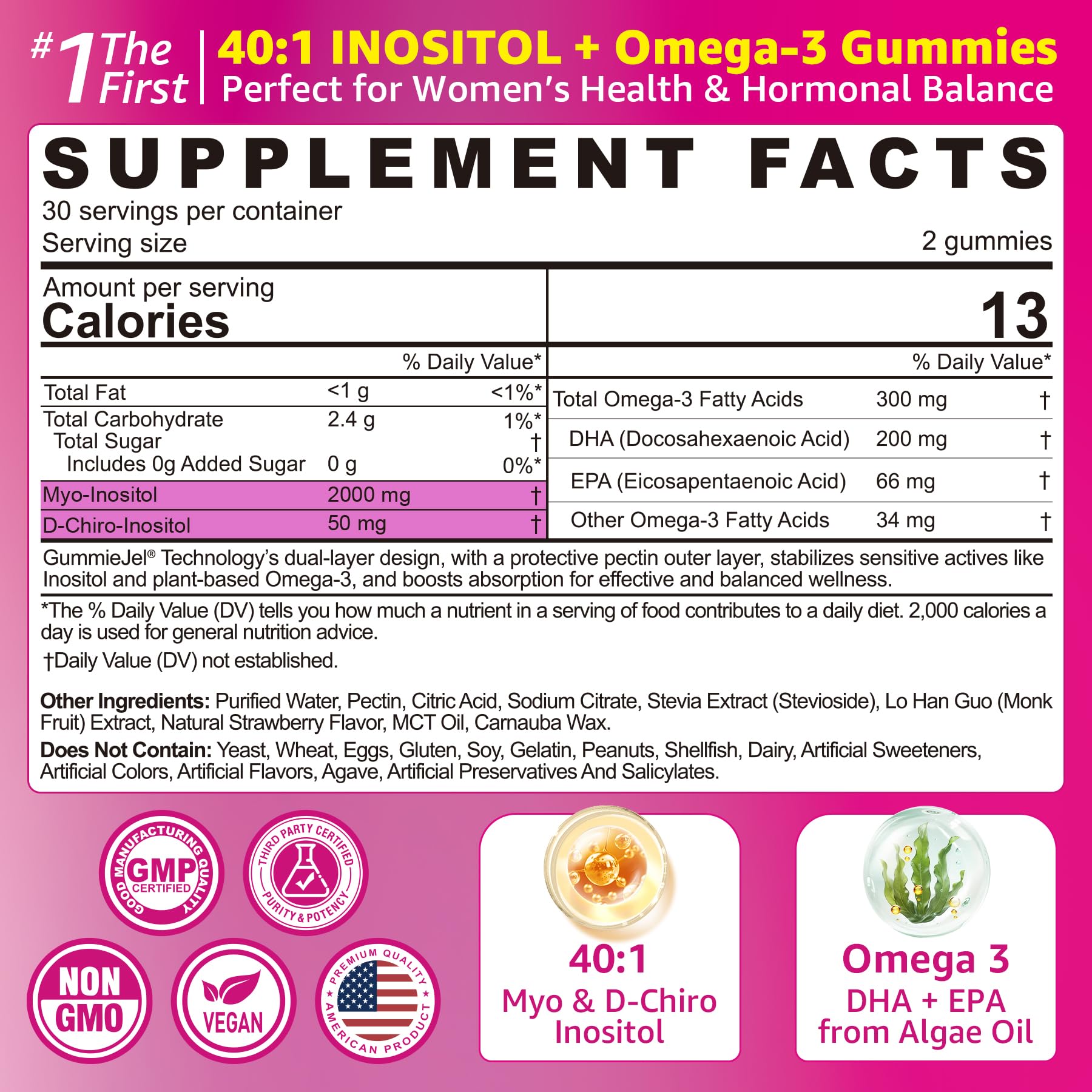 Myo-Inositol & D-Chiro Ideal 40:1, Inositol + Omega-3(3:1) Gummies, Hormone Balance for Women | Sugar Free Inositol Gummies w/Omega 3 DHA:EPA (3:1), Inositol Supplement for Cycle Health, Vegan, 60 Ct EnvyCure uk supplements