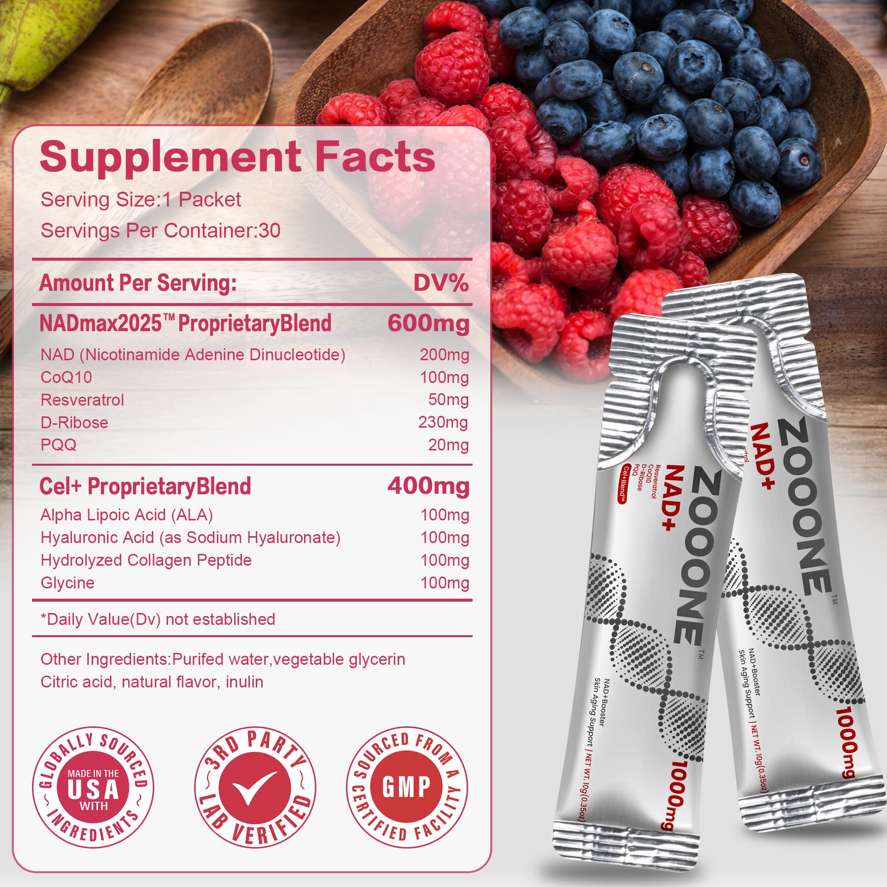 zooone NAD+ Supplement with Resveratrol, Liquid Designed to Help Support Absorption, 1000mg NMNH Supplement Alternative for Anti-Aging, Boost Energy, Support Cellular, 30 Pockets zooone uk supplements