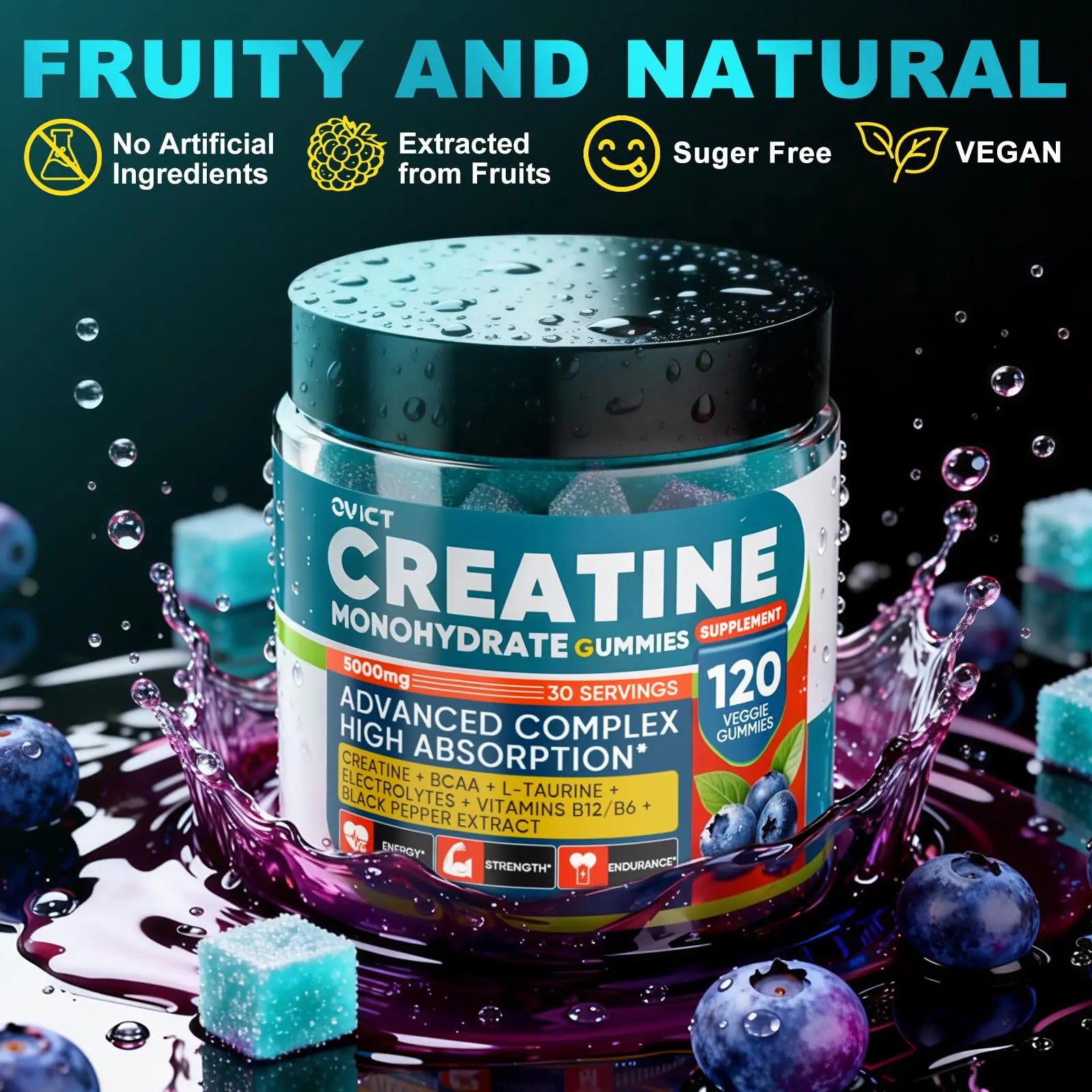99.99% Creatine Monohydrate Gummies for Men Women 5g, 7-in-1 Pre-Workout Complex with BCAA, Taurine, B12/6 & Electrolytes, 6X Boost Energy, Muscle Strength & Recovery OVICT uk supplements