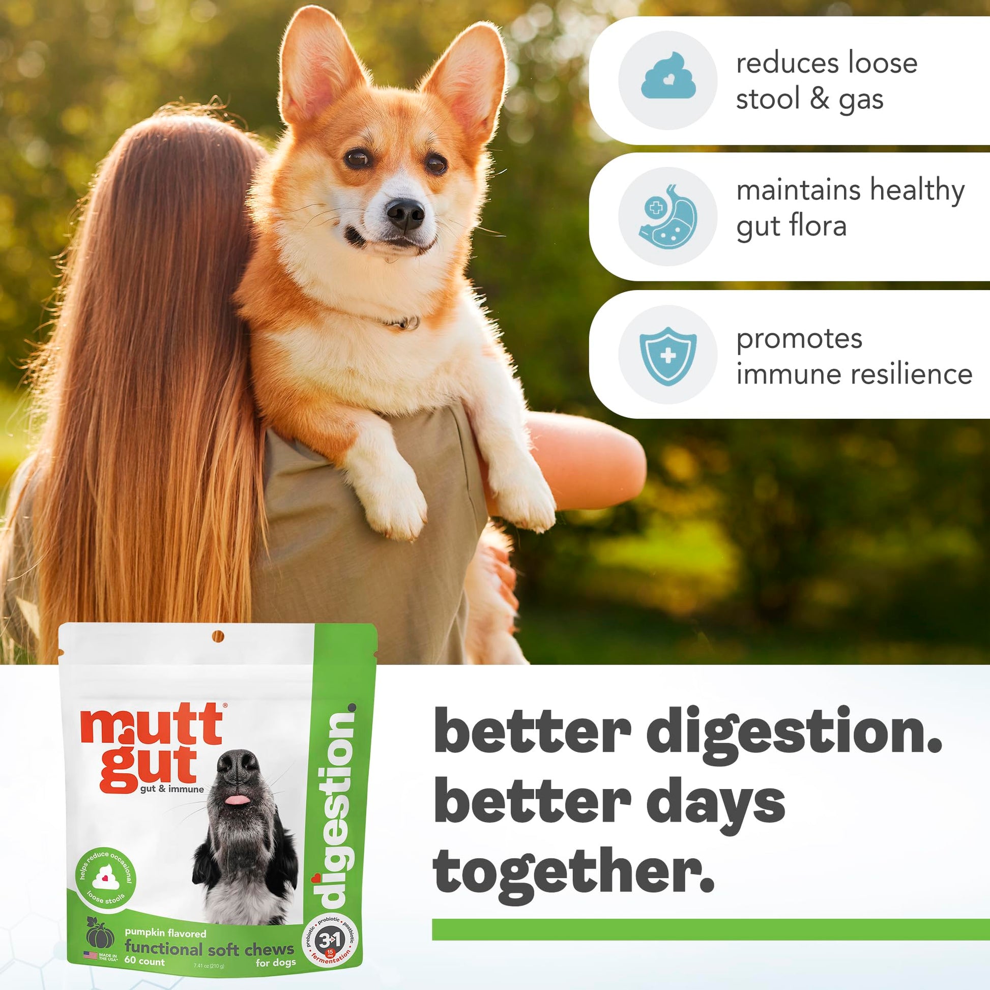 MuttGut® 3-in-1 Puppy & Dog Probiotics + Prebiotics + Postbiotics Chews - Promotes Digestive Health, Supports Immune System and Overall Health - Dog Diarrhea Relief & Immune Support - 60 Soft Chews MUTTGUT uk supplements