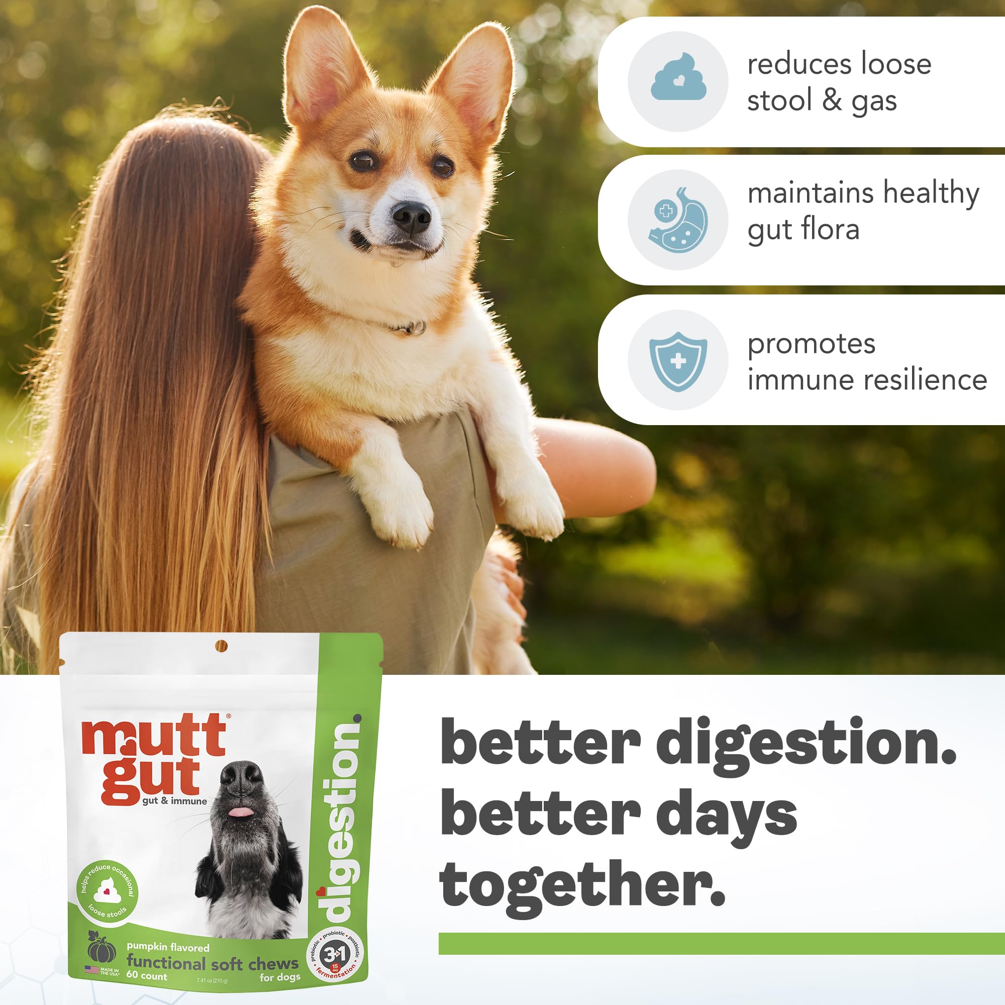 MuttGut® 3-in-1 Puppy & Dog Probiotics + Prebiotics + Postbiotics Chews - Promotes Digestive Health, Supports Immune System and Overall Health - Dog Diarrhea Relief & Immune Support - 60 Soft Chews MUTTGUT uk supplements