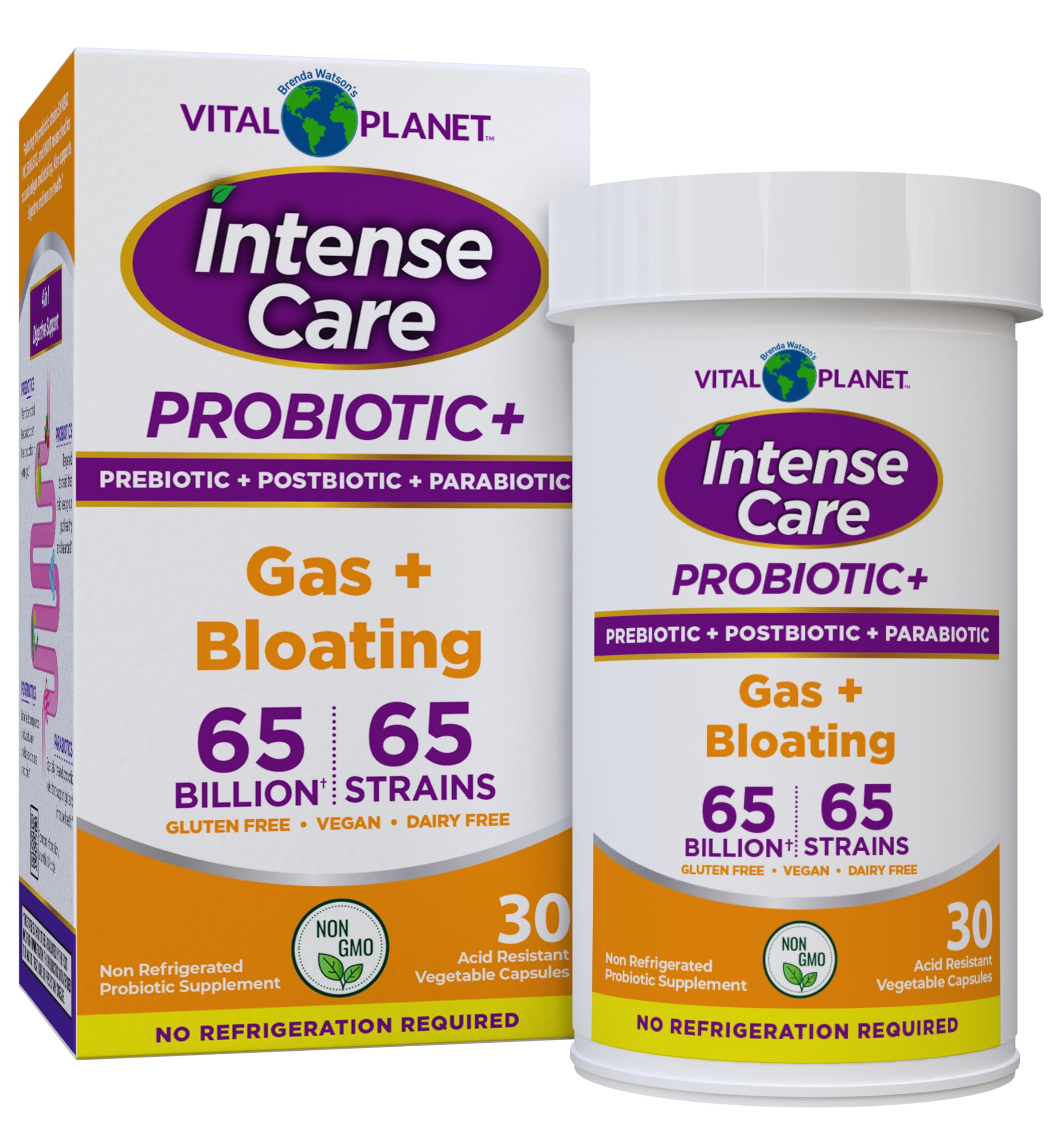 Vital Planet - Intense Care Gas & Bloating Probiotics Plus Organic Prebiotics, Postbiotics, Parabiotics, Complete 4-in-1 Supplement for Adults, 65 Billion CFU, 65 Strains, Digestive and Immune 30 ct Vital Planet uk supplements