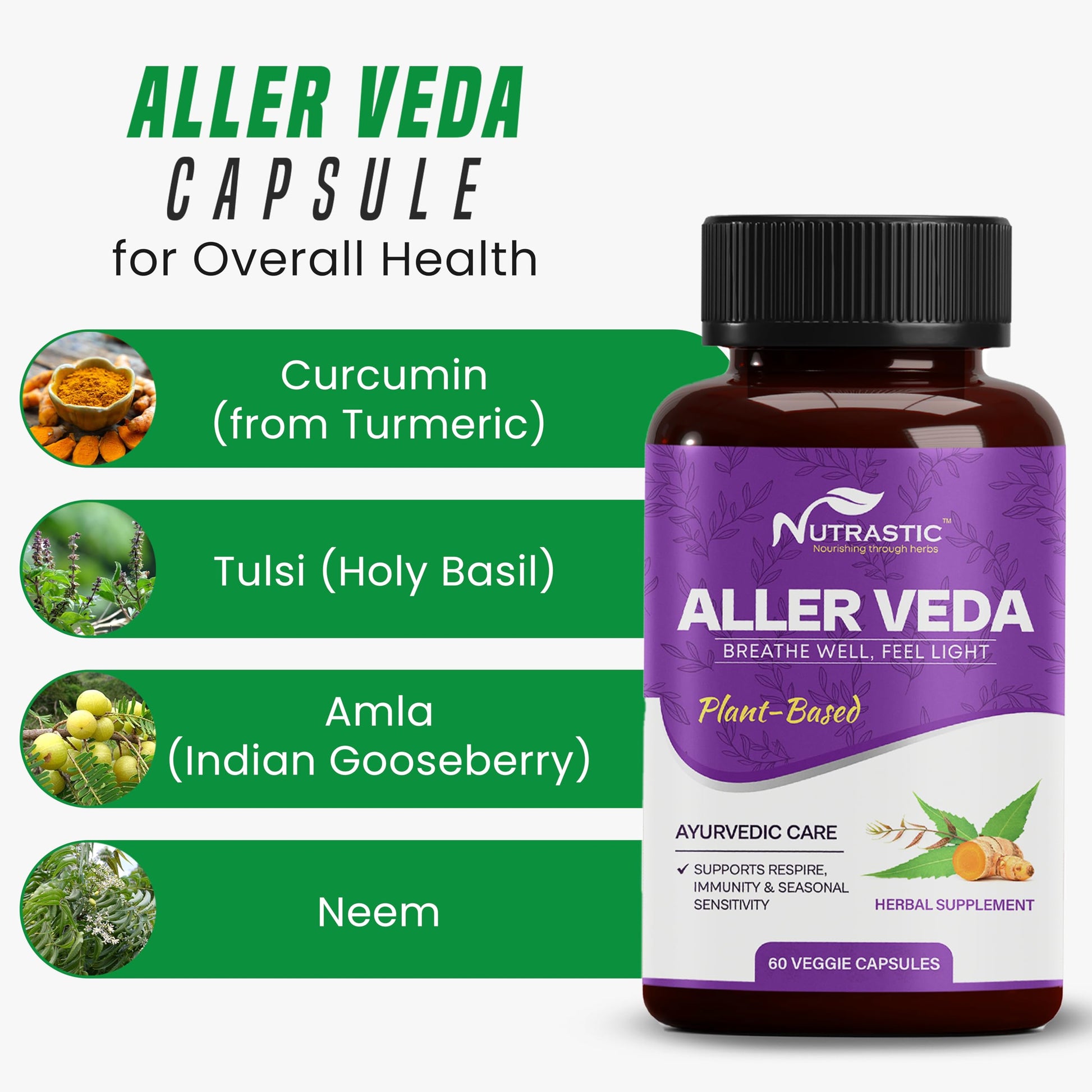 Nutrastic Aller Veda Respiratory Wellness Supplement with Pure Tulsi, Amla, Turmeric, and Neem | Natural Support for Healthy Breathing | 60 Caps Nutrastic uk supplements