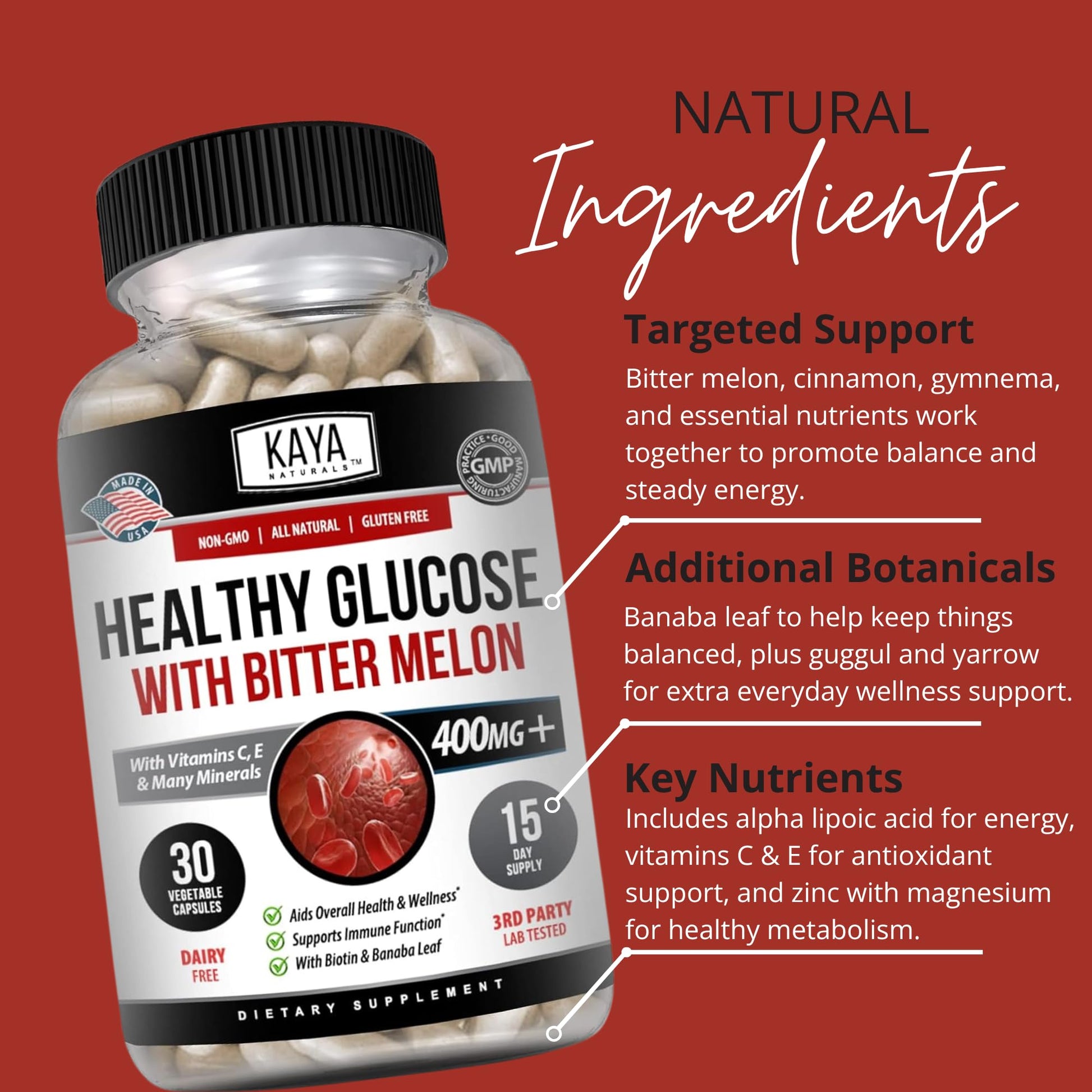 Kaya Naturals Healthy Gluco with Bittermelon Supplement | Support Healthy Levels and Function, 20 Herbs Vitamins and Minerals, Alpha Lipoic Acide, Cinnamon, Vitamin C & E, Non-GMO (30 Count) Kaya Naturals uk supplements