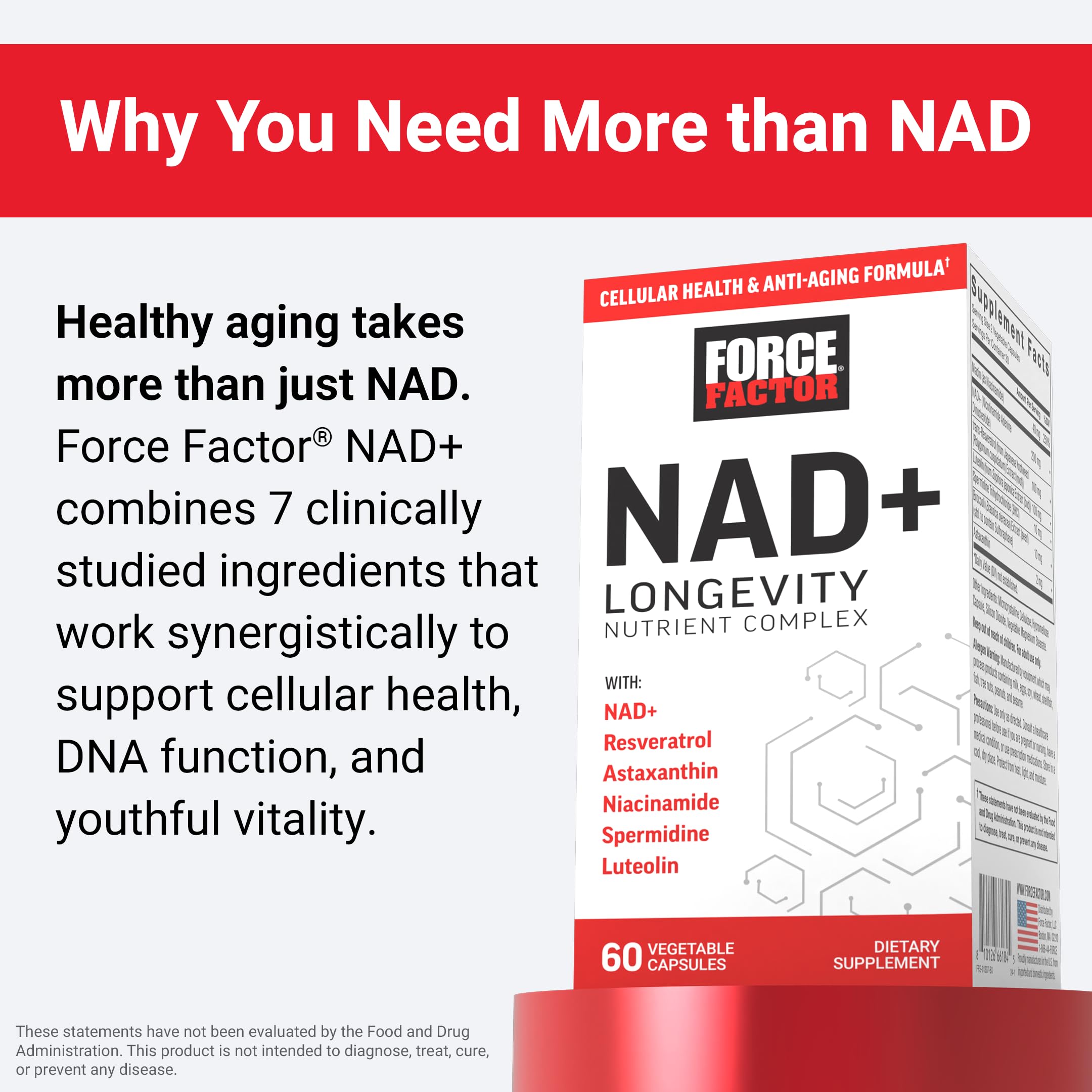 FORCE FACTOR NAD+ (NMN or Nicotinamide Riboside Alternative) with Resveratrol, Astaxanthin, Spermidine & Luteolin Complex, NAD to Support Cellular Health & Healthy Aging, 60 Capsules Force Factor uk supplements