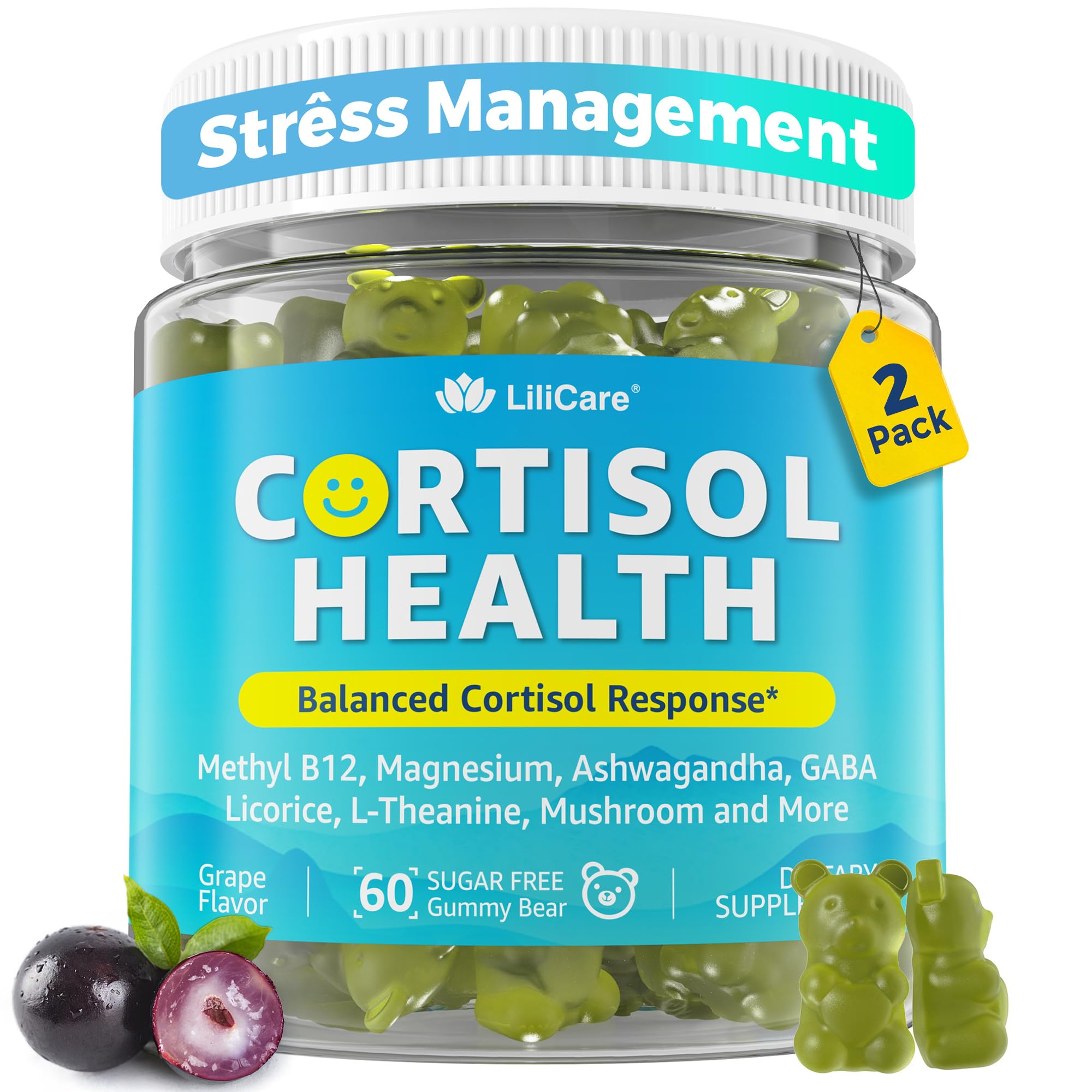 Cortisol Gummies for Women & Men, Sugar Free Cortisol Reducer Supplements w/ Magnesium, Ashwagandha, Mushroom, L-theanine, Rhodiola, Vitamin B6 B12 for Cortisol Detox, Relax, Sleep Support 2 Pack LILICARE uk supplements