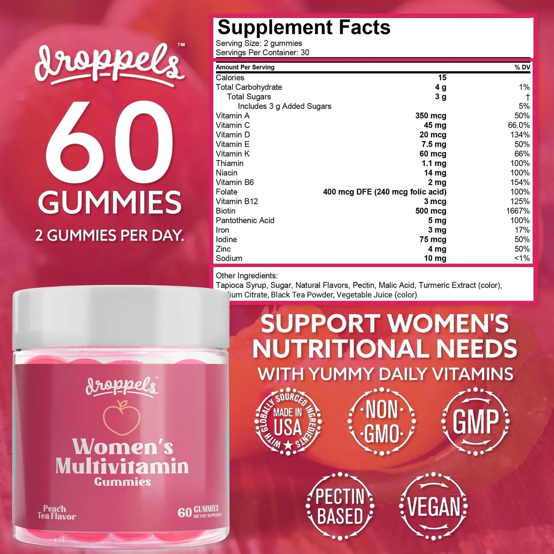 Droppels Women's Multivitamin Gummies with Folic Acid, Vitamins A, D, C, E, K, B6, B12, Biotin & More | Vegan, Non-GMO & Pectin-Based Daily Vitamins for Women | Droppels uk supplements