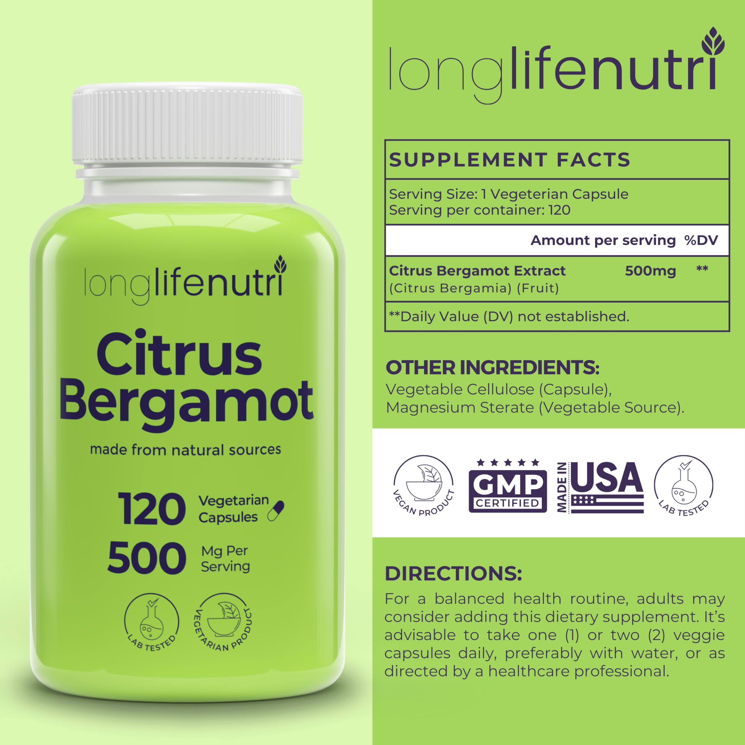 LongLifeNutri Citrus Bergamot Extract 500mg - 120 Vegetarian Capsules, 40% Polyphenolic Flavanones, 4-Month Supply, Plant-Based Anti-Oxidant, Tested, Made in USA LongLifeNutri uk supplements