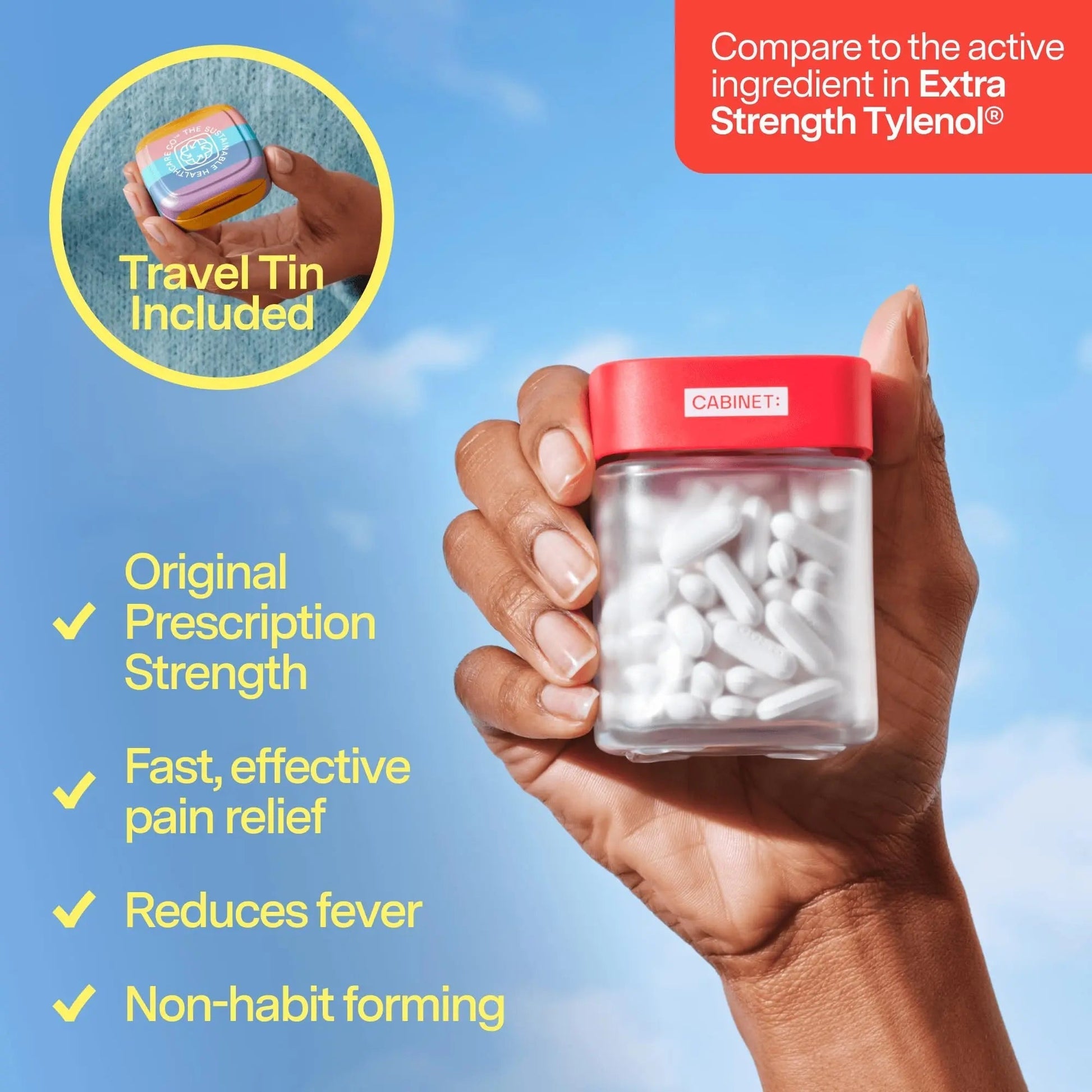 Cabinet: 500mg Acetaminophen for Headache Relief, Toothaches, Sore Throat, and Fever Reducer, Includes 1 Refillable Medicine Jar, 120 Tablets Refillable Glass Jar - w/Travel Tin Cabinet: uk supplements