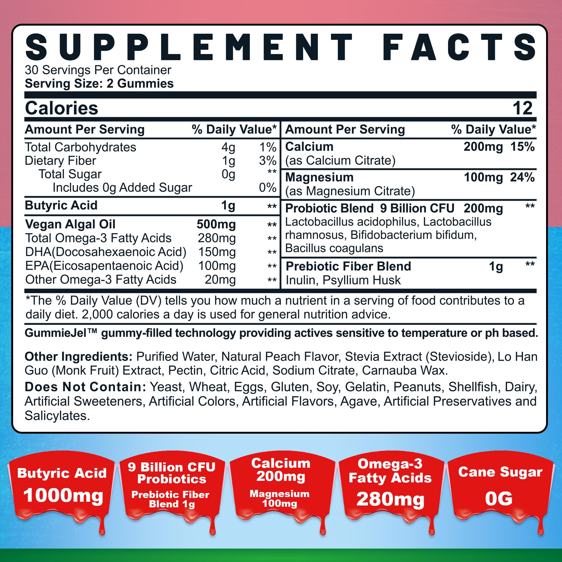 Butyrate Gummies with Probiotic + Prebiotic + Postbiotic, Omega-3 500mg,Fiber with 9 Billion CFU Probiotics, Calcium & Magnesium, Inulin,Psyllium Husk for Digestive Health,Bloating Support,Sugar Free Nextdia uk supplements
