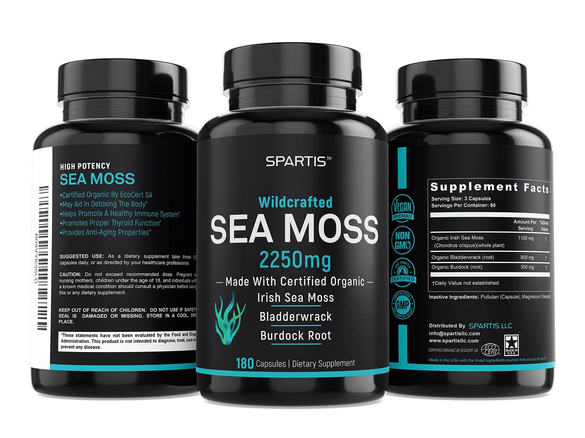 SPARTIS Certified Organic Sea Moss Capsules 2250mg Wildcrafted Irish Sea Moss Burdock Root Bladderwrack Supplement Raw Seamoss Pills & Powder (Pack of 1 at 180-Caps) SPARTIS uk supplements
