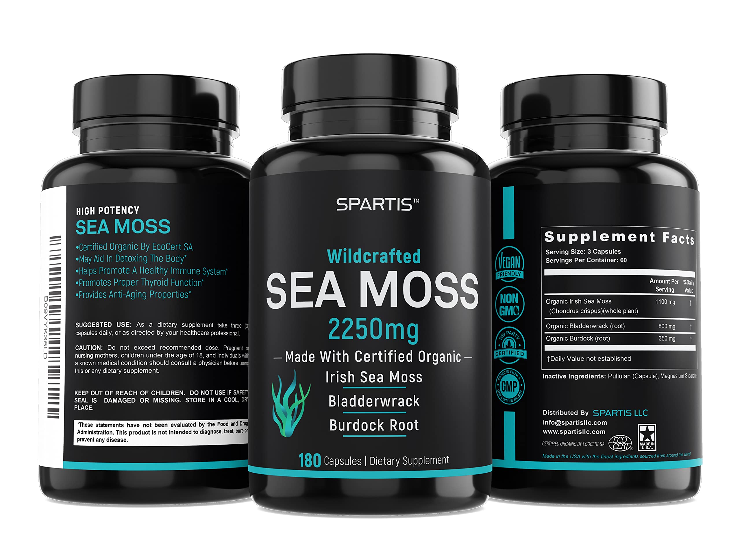 SPARTIS Certified Organic Sea Moss Capsules 2250mg Wildcrafted Irish Sea Moss Burdock Root Bladderwrack Supplement Raw Seamoss Pills & Powder (Pack of 1 at 180-Caps) SPARTIS uk supplements