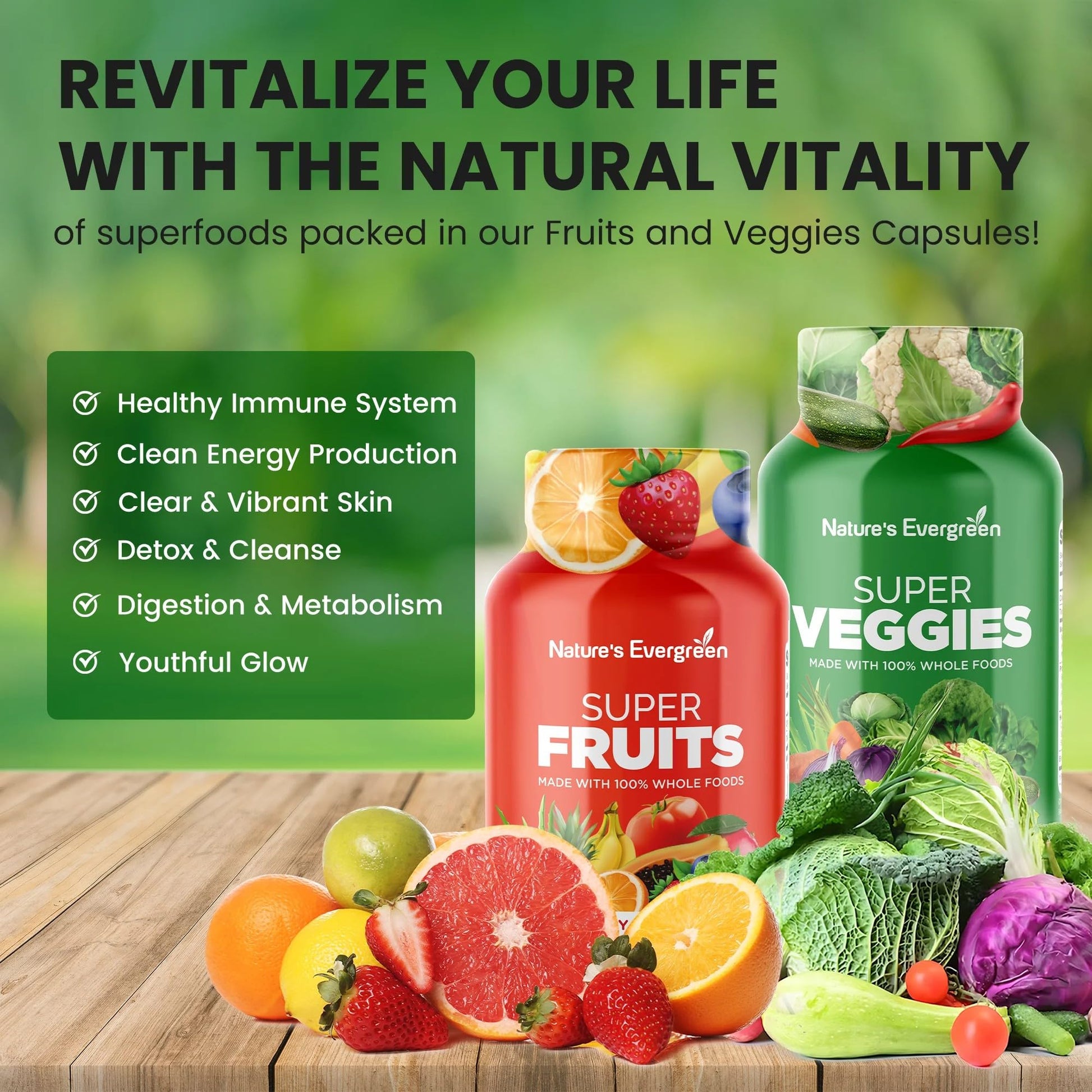 Fruits and Veggies Supplement - Nature Fruits and Vegetables Supplements - Vegan, Non GMO, Soy Free, Superfood Vitamins & Minerals Nutritional Balance - (Total 180 Capsules - Pack of 2) Made in USA Nature's Evergreen uk supplements