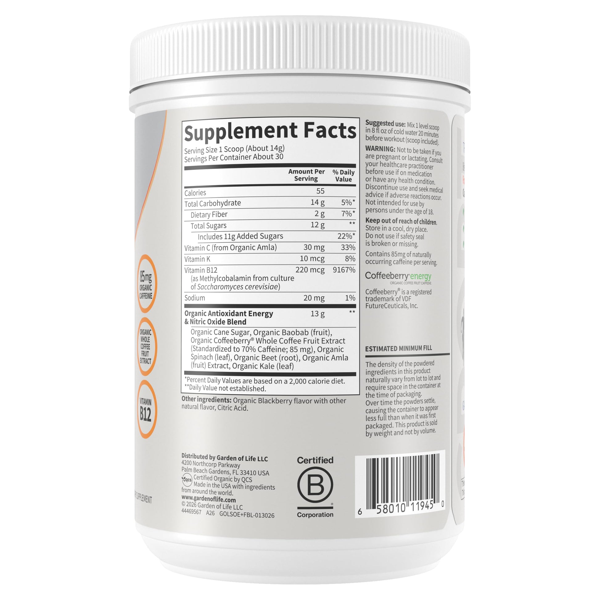 Garden of Life Sport Organic Plant Based Energy + Focus Clean Pre Workout Powder, with 85mg Caffeine, Natural No Booster, B12, Vegan, Gluten Free, Non-GMO, BlackBerry, 15.3 Oz Garden of Life uk supplements