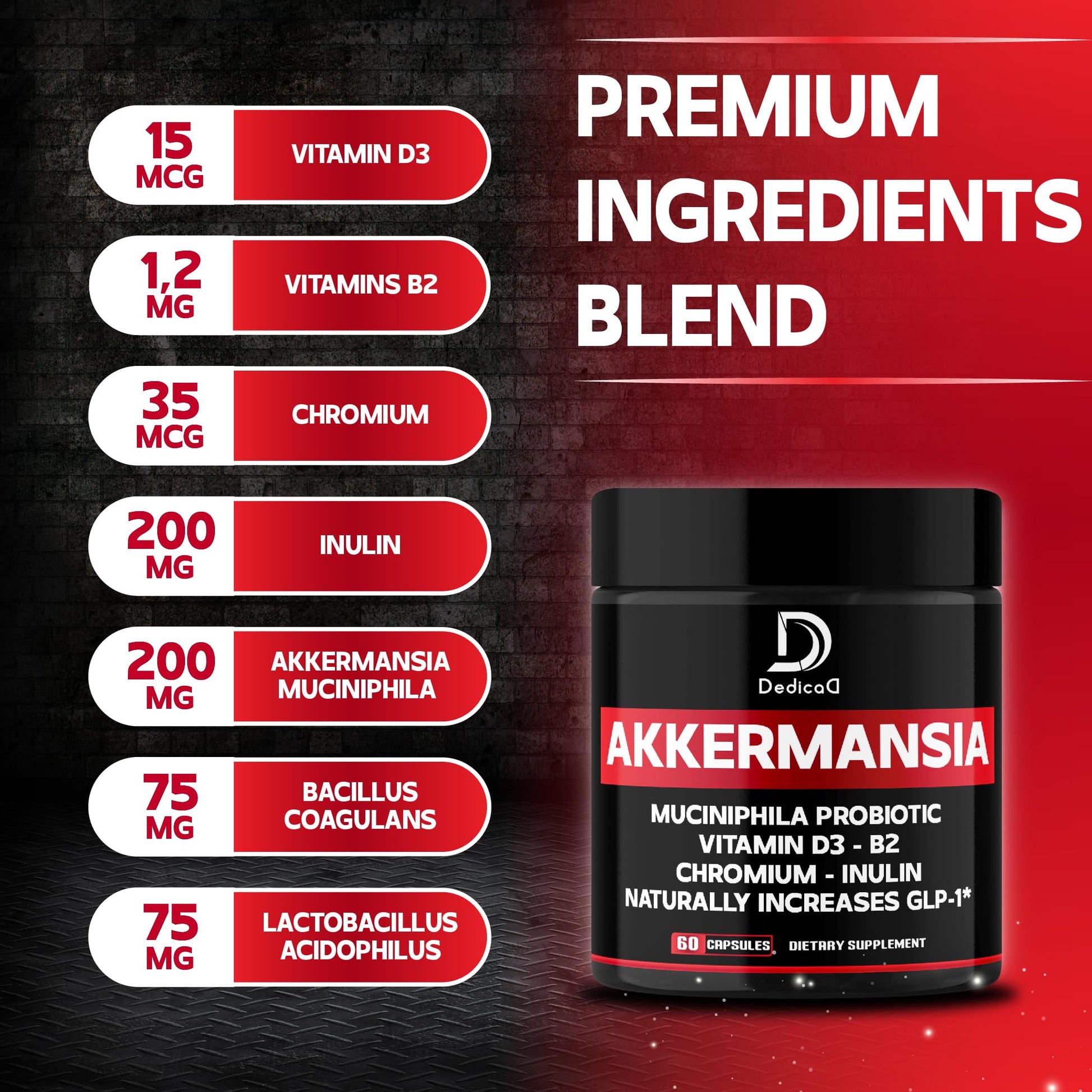 DEDICAD Akkermansia Probiotic for Increases GLP-1 - Contains Inulin, Bacillus Coagulans, Lactobacillus Acidophilus & Chromium - 60 Days Supply - 60 Capsules DEDICAD uk supplements