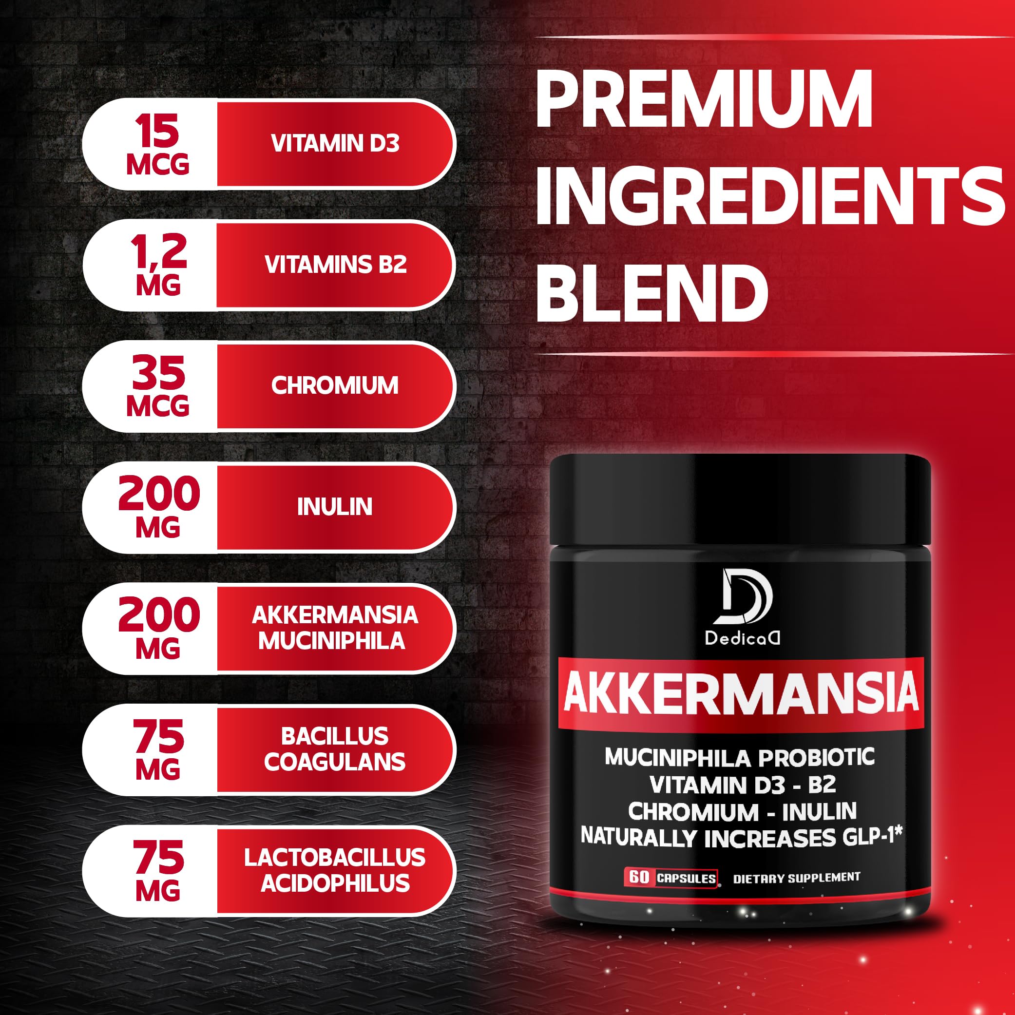 DEDICAD Akkermansia Probiotic for Increases GLP-1 - Contains Inulin, Bacillus Coagulans, Lactobacillus Acidophilus & Chromium - 60 Days Supply - 60 Capsules DEDICAD uk supplements