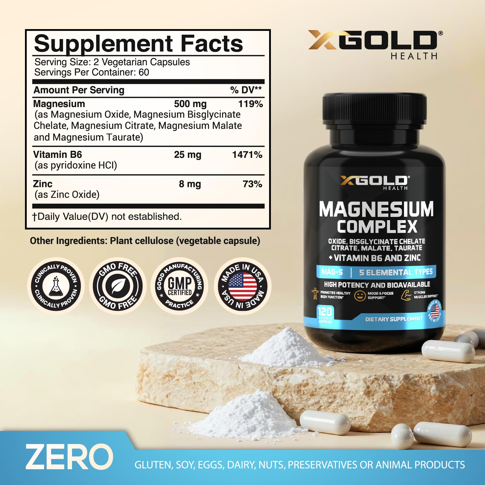 X Gold Health Magnesium Complex 5-in-1 with Zinc & B6 High Absorption Capsules (Glycinate, Citrate, Malate, Taurate, Oxide) Muscle Recovery, Energy, Sleep Support & Immune Health 500mg Made in USA X Gold Health uk supplements