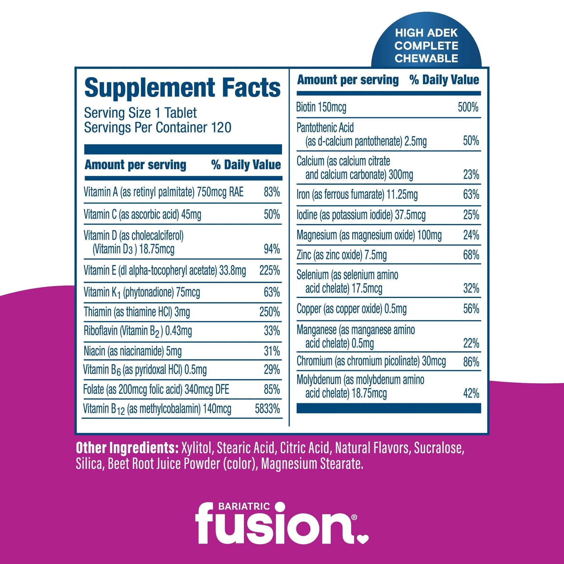 Bariatric Fusion Chewable Multivitamin with High ADEK Vitamins | Multi for Duodenal Switch Patients | Mixed Berry Flavored Tablets | Bariatric Fusion uk supplements
