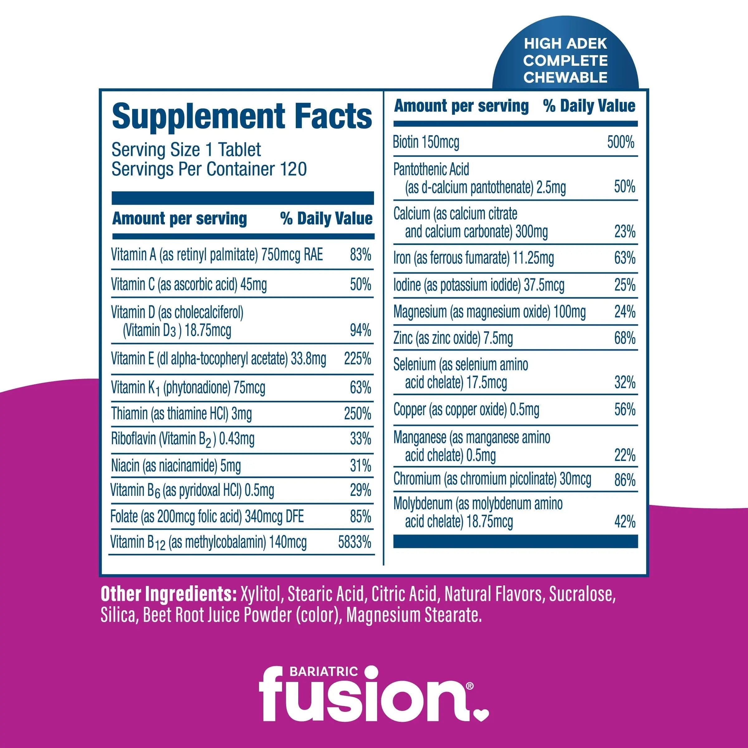 Bariatric Fusion Chewable Multivitamin with High ADEK Vitamins | Multi for Duodenal Switch Patients | Mixed Berry Flavored Tablets | Bariatric Fusion uk supplements