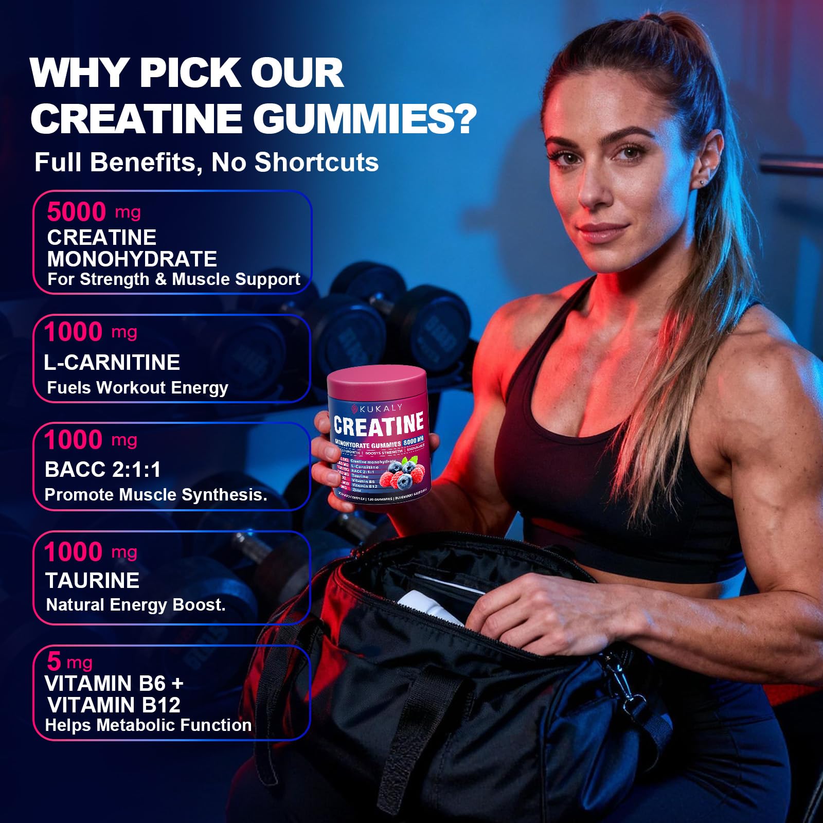 KUKALY Creatine Monohydrate Gummies for Men & Women, 8500MG Creatine Gummies Sugar Free Mixed Flavored with L-Taurine, BCAA 2:1, B12 B6 for Boost Strength ZyterX uk supplements