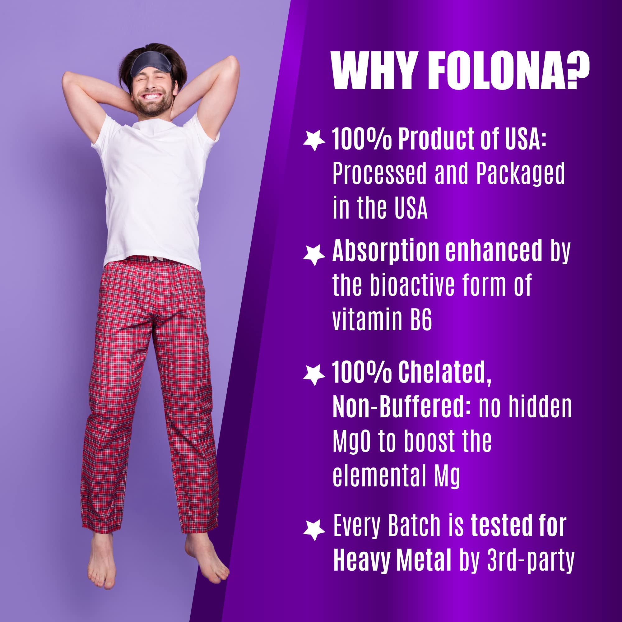 Folona Magnesium Glycinate with Vitamin B6 Research Proven to Enhance Absorption, 1350mg Fully Chelated - Supports Sleep, Stress Relief, Energy, Muscle Cramps - Gluten Free, NonGMO, 180 Vegan Capsules FOLONA uk supplements