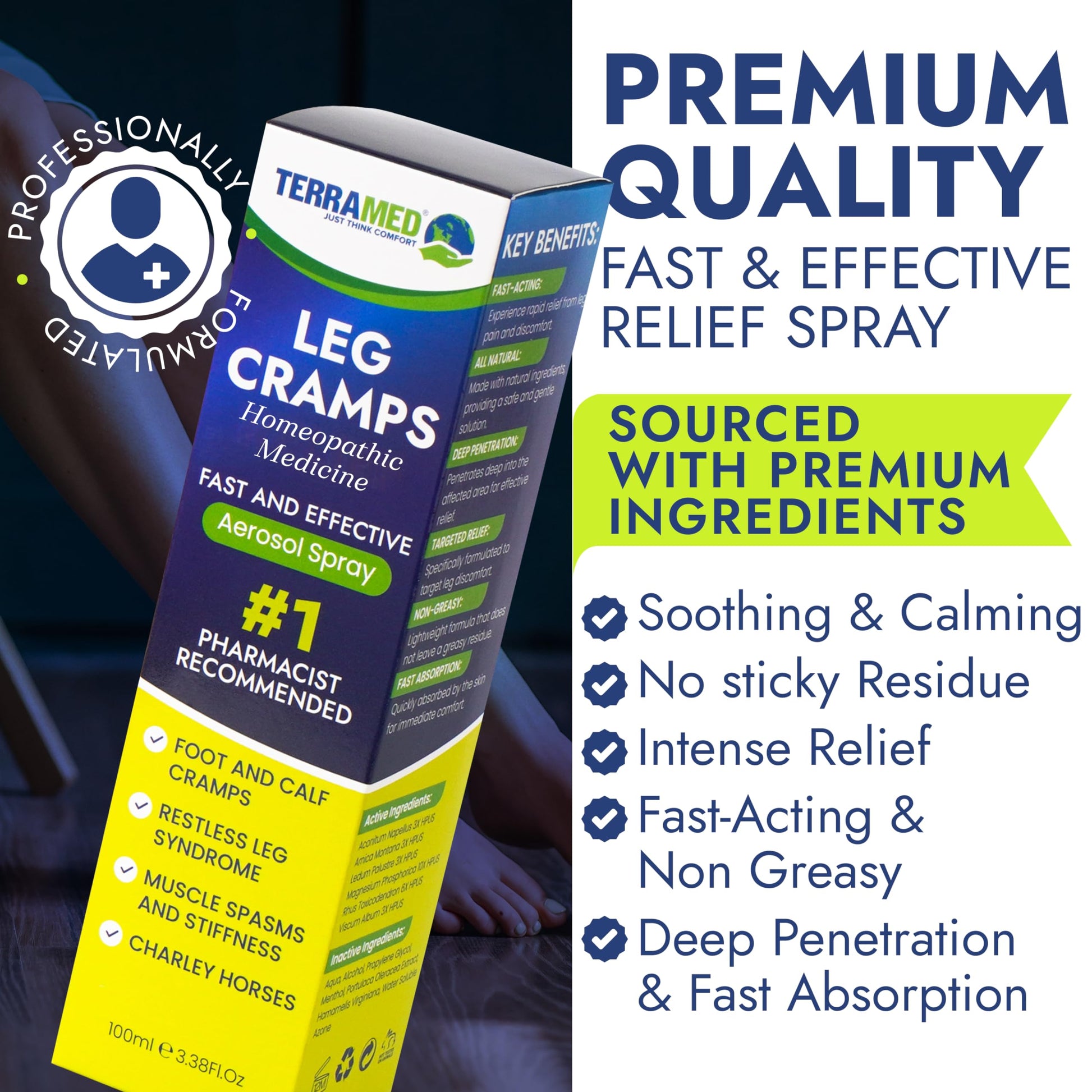 Terramed Just Think Comfort Fast Acting Leg Cramp Relief Aerosol Spray | Pain Relief for Muscle Spasms, Soreness, & Foot and Calf Cramps | Homeopathic Medicine for Restless Legs Syndrome Relief Terramed Just Think Comfort uk supplements