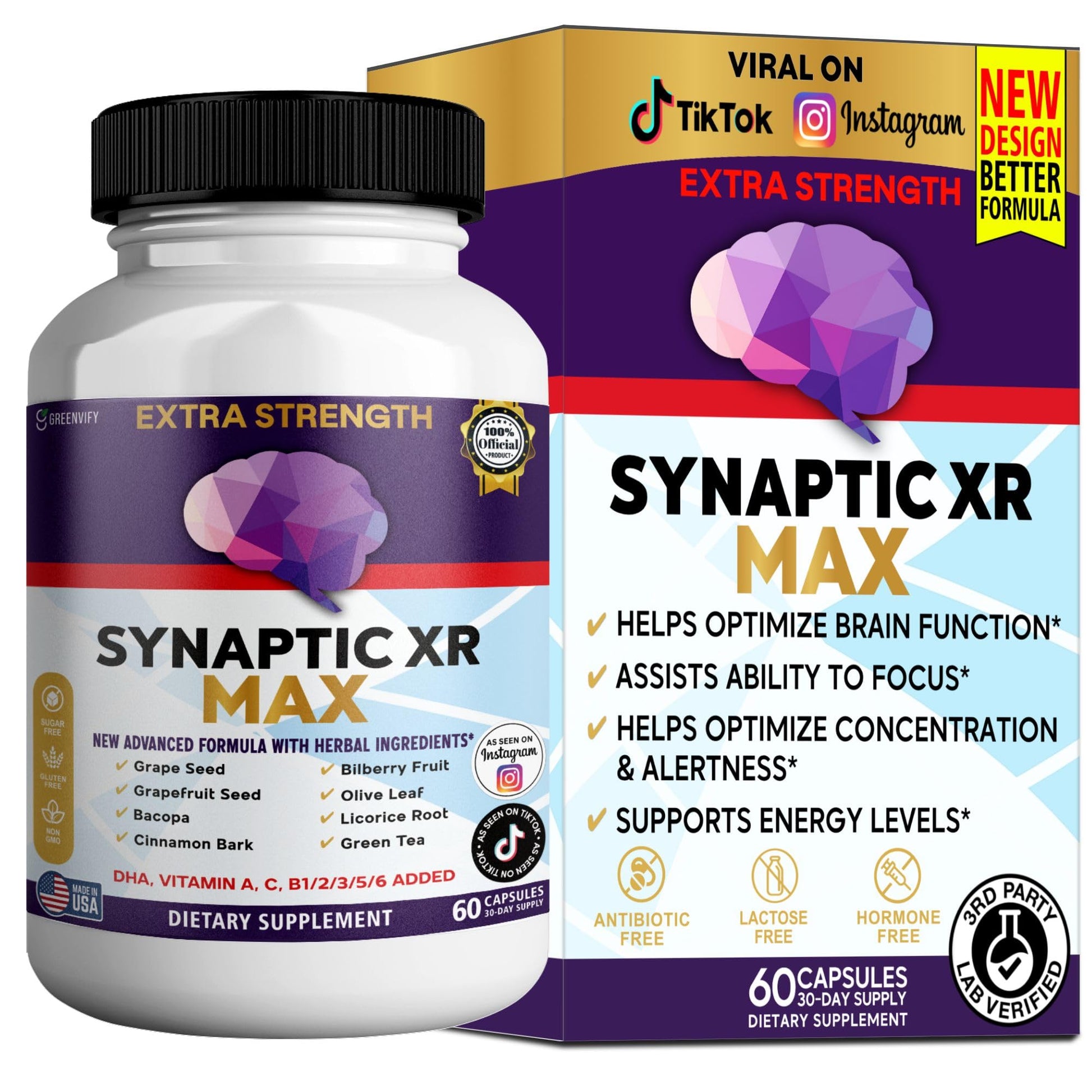 GREENVIFY Synaptic XR Max Extra Strength Brain Support Supplement with Herbal Ingredients, 60 Capsules, DHA Vitamins, Nootropic Formula (1) GREENVIFY uk supplements
