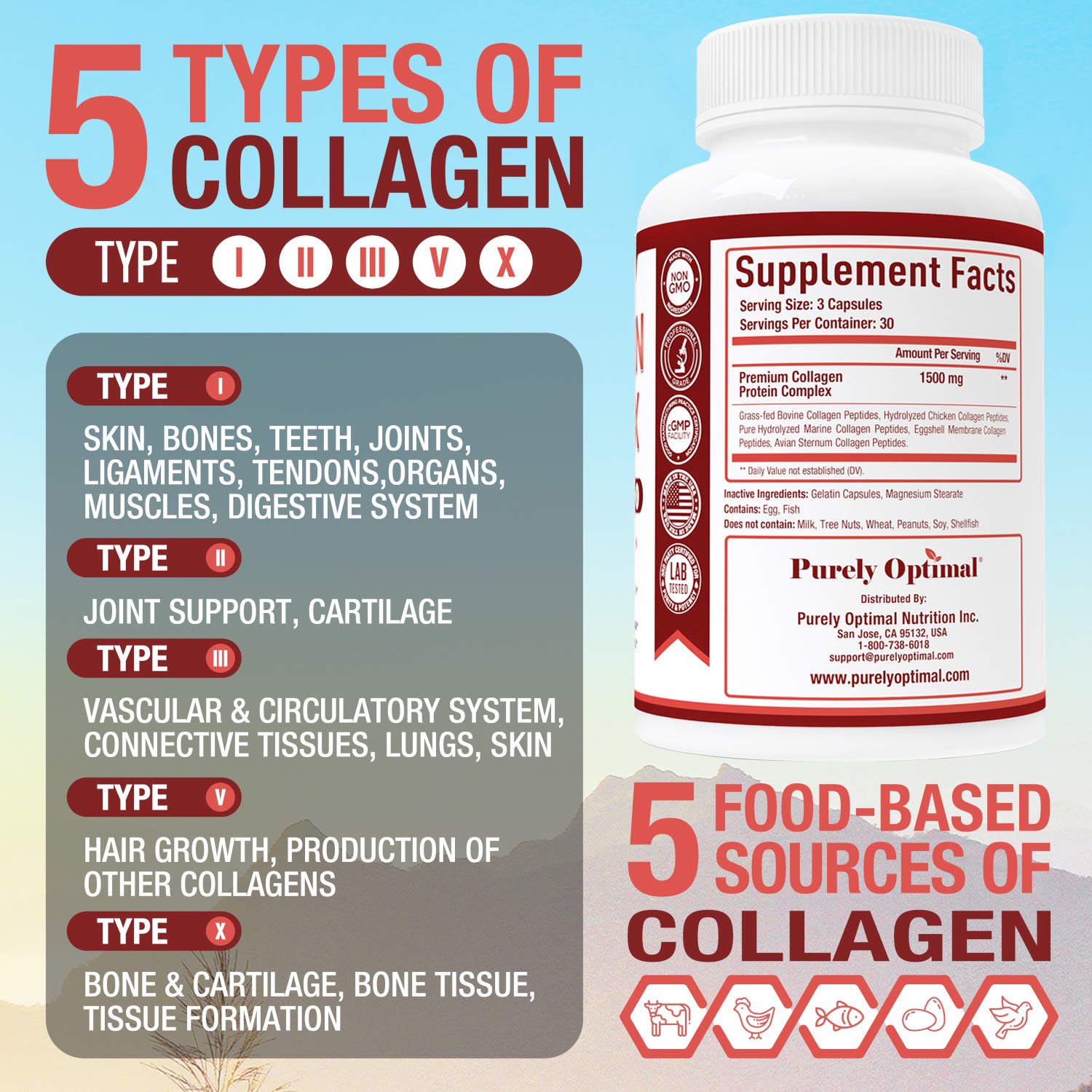Purely Optimal Premium Multi Collagen Peptides Capsules (Types I, II, III, V, X) - Hair Purely Optimal uk supplements