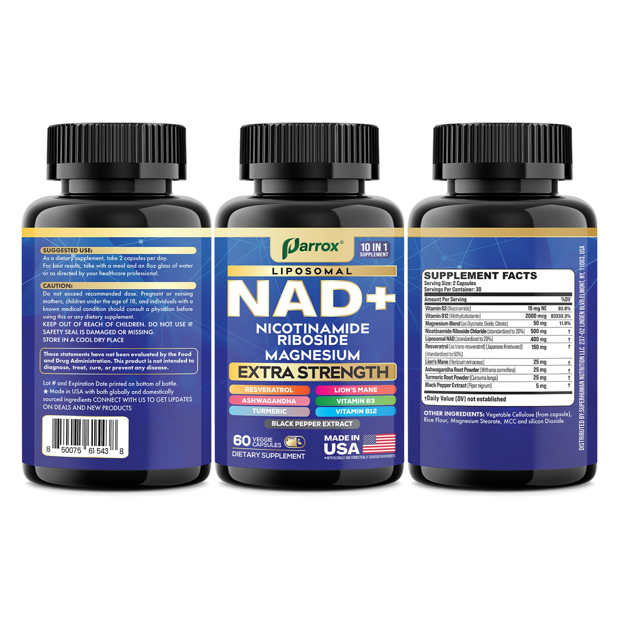Parrox NAD+ Supplement with Liposomal NAD+, Nicotinamide Riboside, Magnesium, Vitamin B3 & B12, Resveratrol, Turmeric, Ashwagandha, Lion’s Mane,10-in-1 Extra Strength (2 Pack) Parrox uk supplements